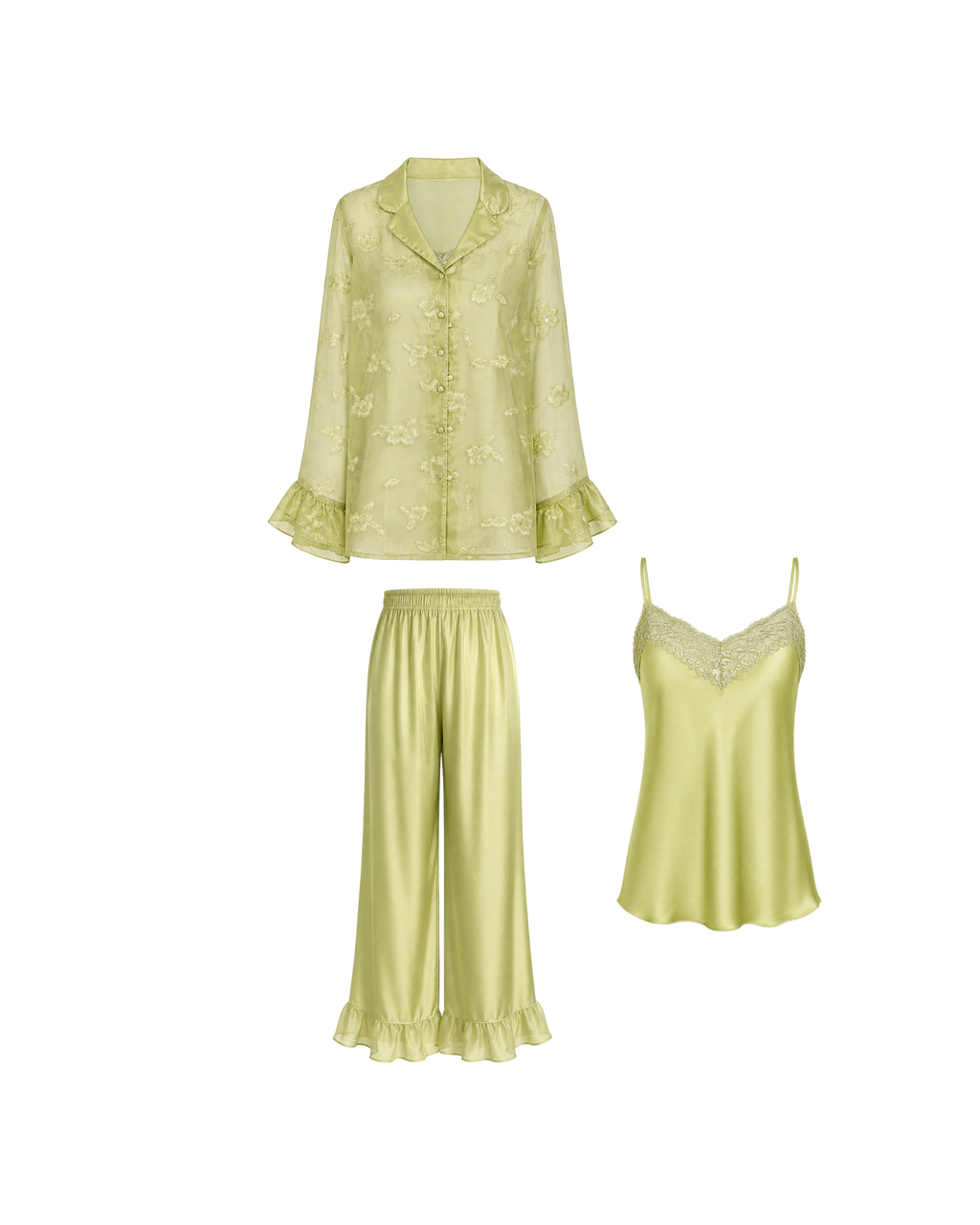 PYJAMA SATIN VERT PISTACHE 3 PIÈCES – NUISETTE, PANTALON & KIMONO DENTELLE