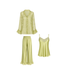PYJAMA SATIN VERT PISTACHE 3 PIÈCES – NUISETTE, PANTALON & KIMONO DENTELLE