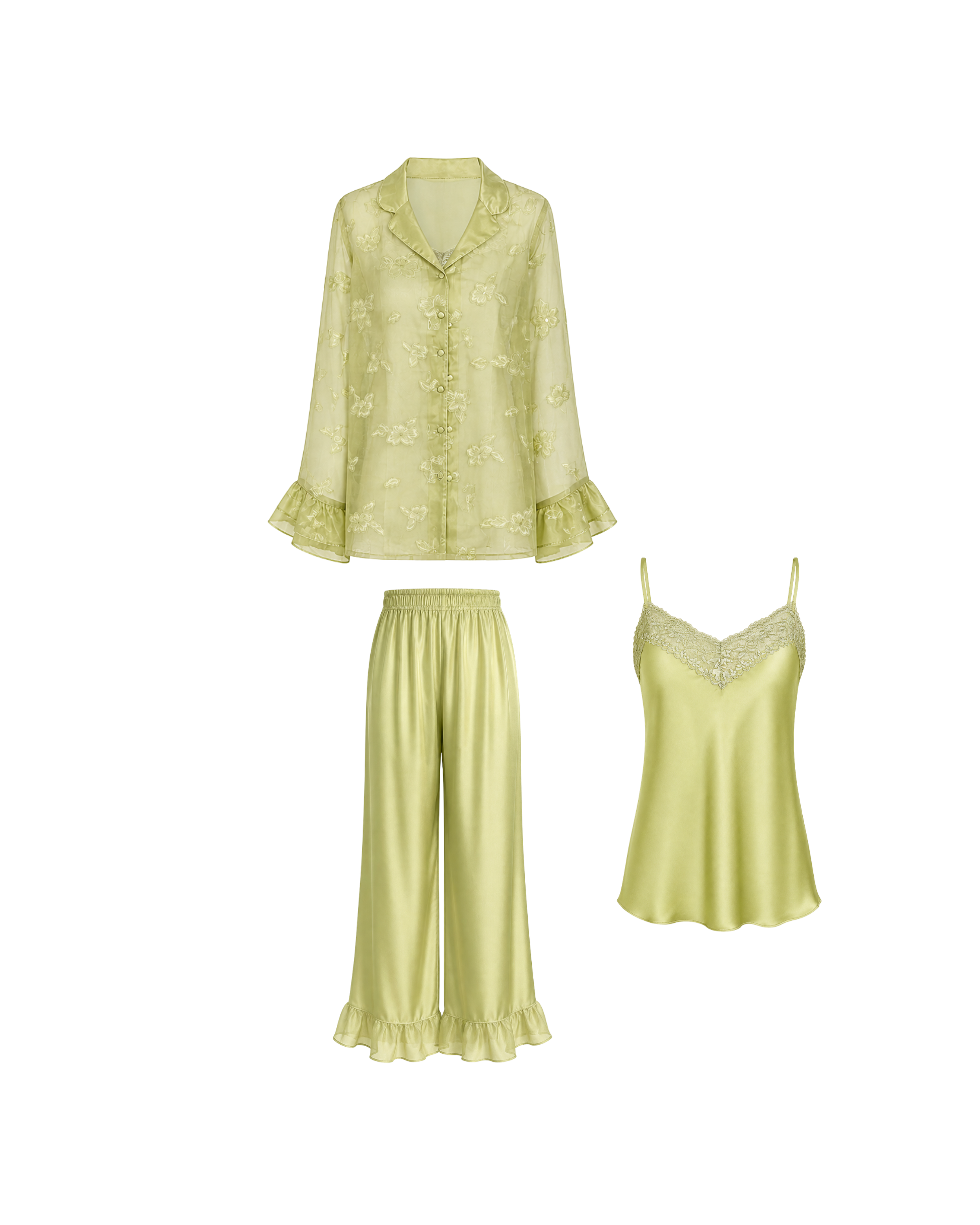 PYJAMA SATIN VERT PISTACHE 3 PIÈCES – NUISETTE, PANTALON & KIMONO DENTELLE