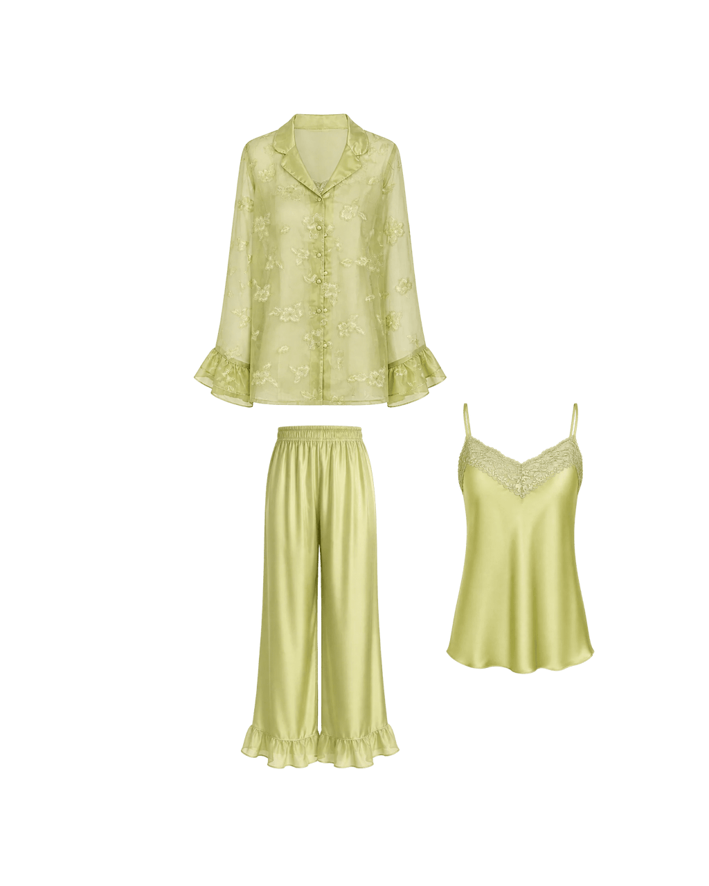 PYJAMA SATIN VERT PISTACHE 3 PIÈCES – NUISETTE, PANTALON & KIMONO DENTELLE - La Sprezzatura pyjamas