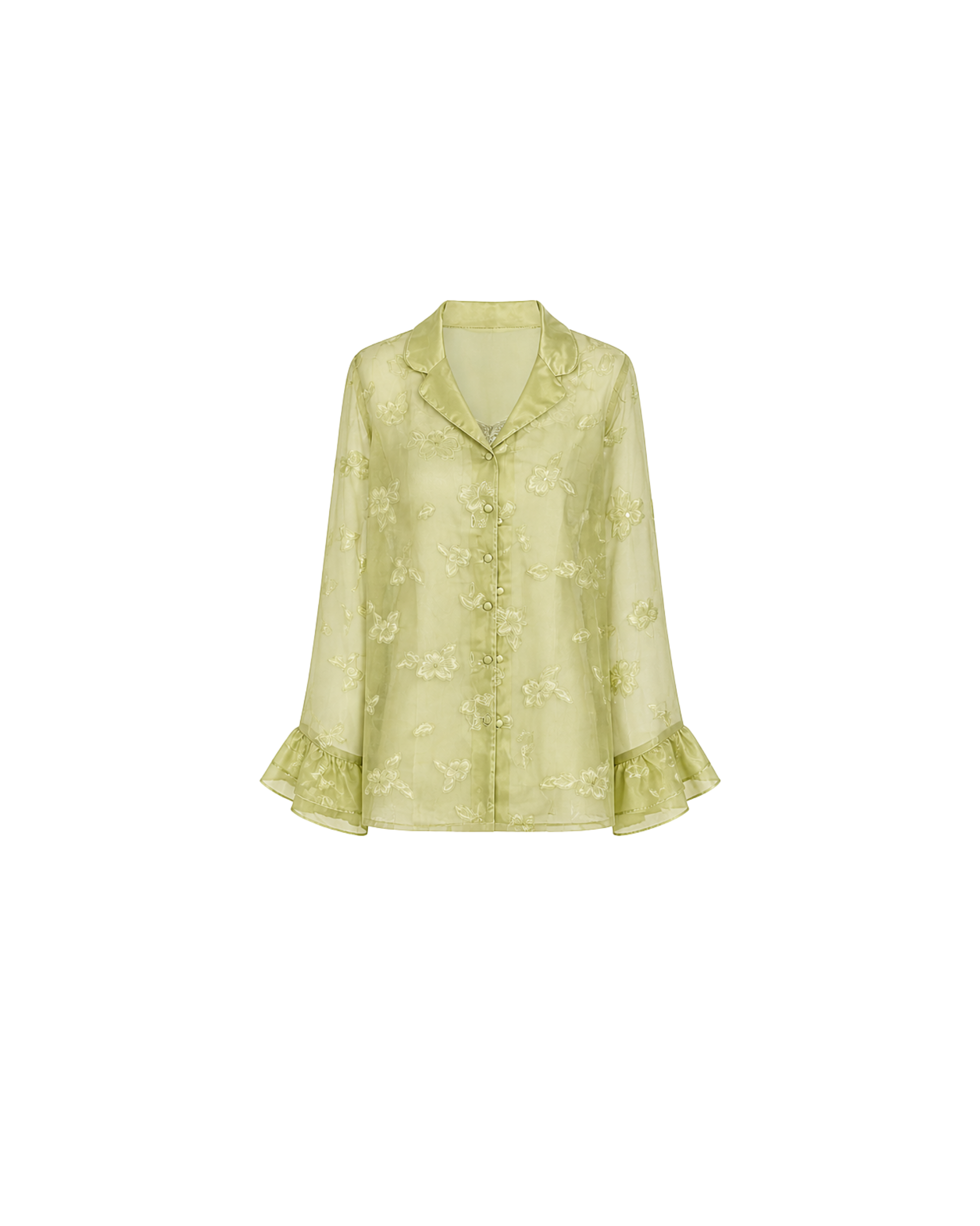 PYJAMA SATIN VERT PISTACHE 3 PIÈCES – NUISETTE, PANTALON & KIMONO DENTELLE