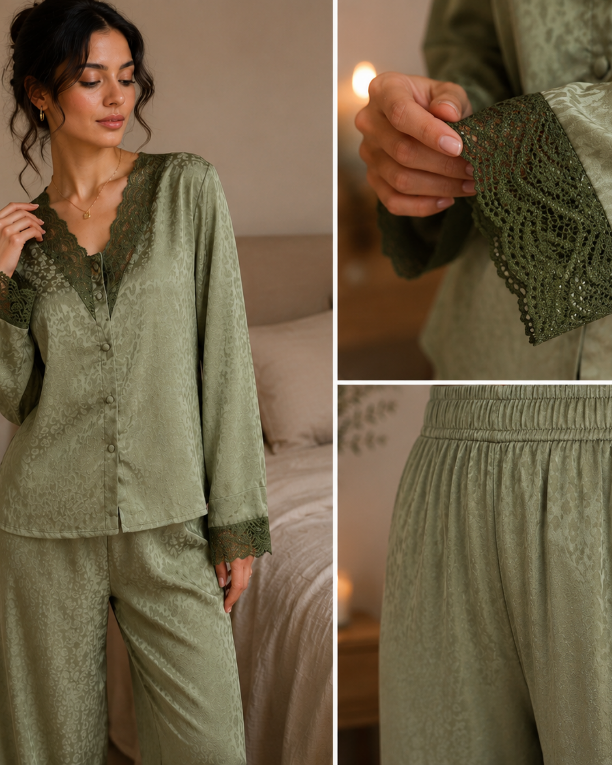 Pyjama Satin Vert Sauge Jacquard Dentelle – Ensemble Femme Élégant