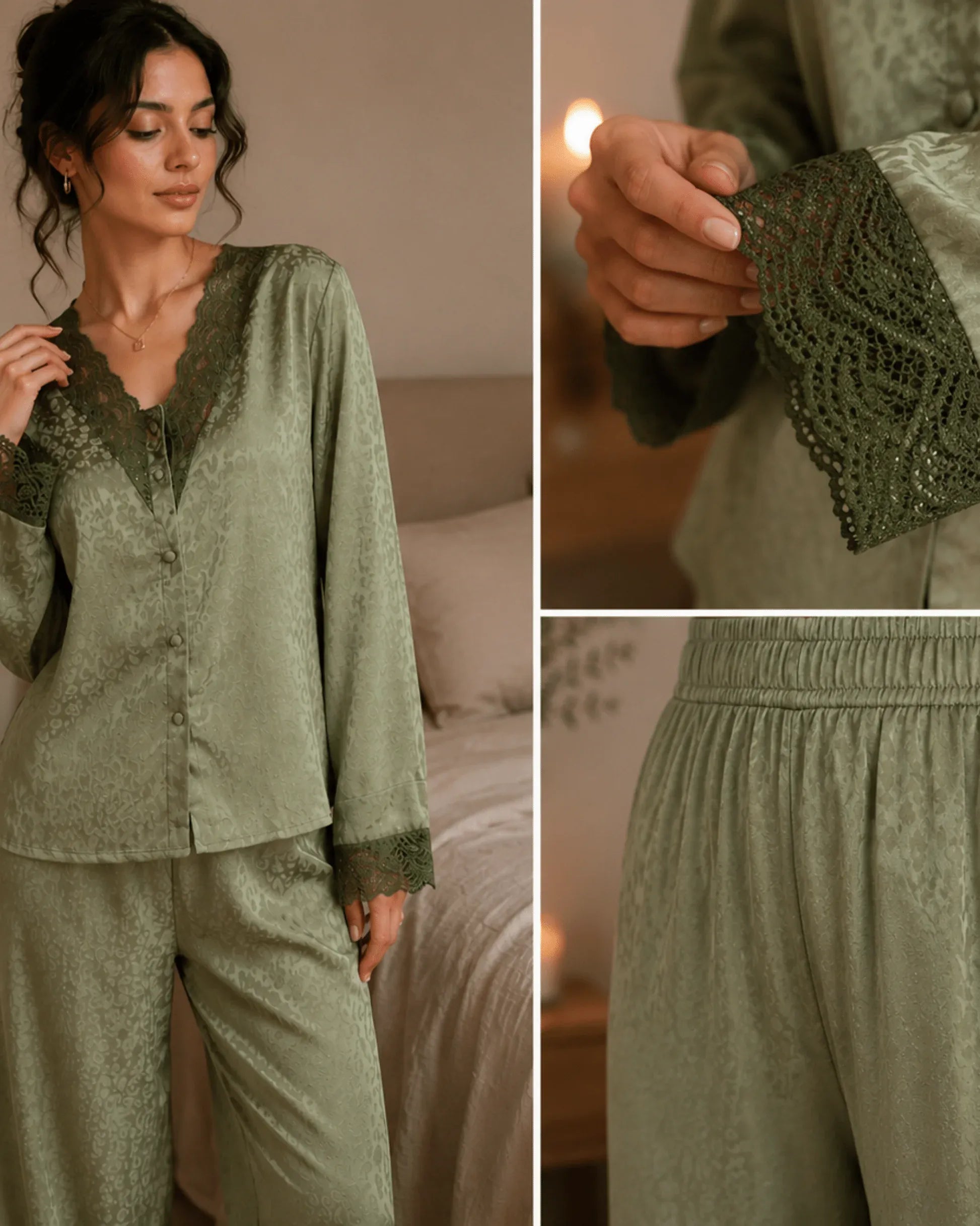 Pyjama Satin Vert Sauge Jacquard Dentelle – Ensemble Femme Élégant - La Sprezzatura pyjamas