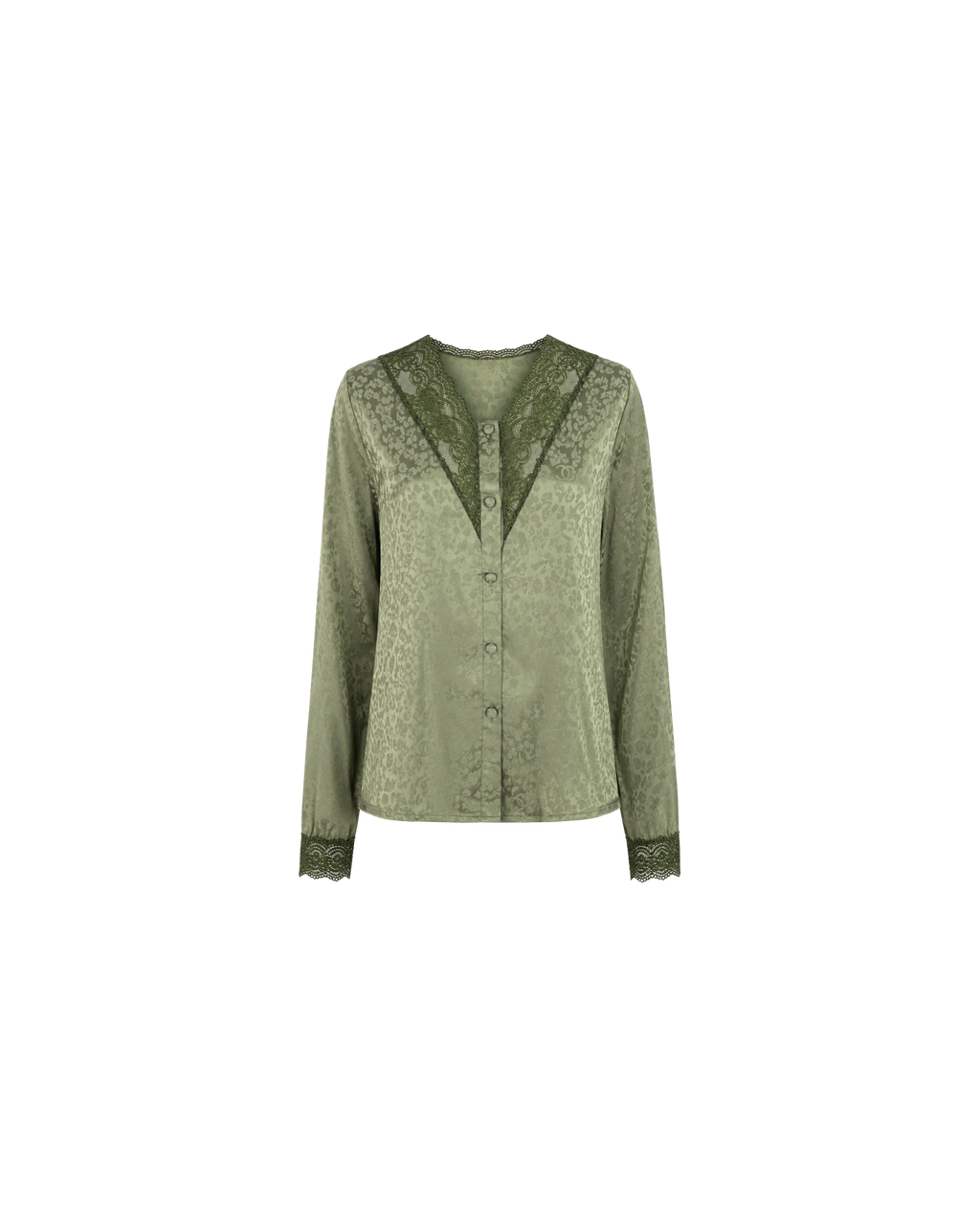Pyjama Satin Vert Sauge Jacquard Dentelle – Ensemble Femme Élégant