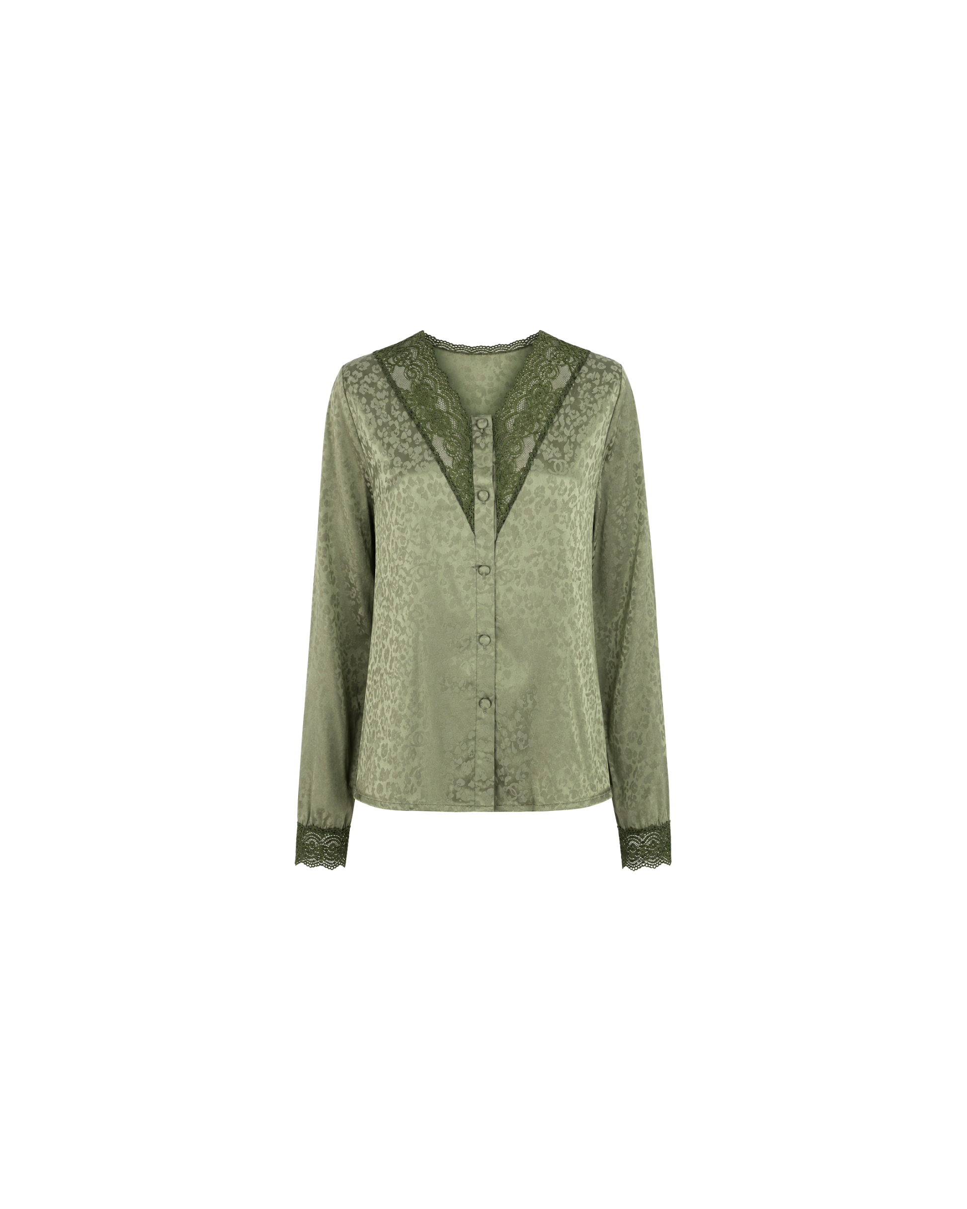 Pyjama Satin Vert Sauge Jacquard Dentelle – Ensemble Femme Élégant