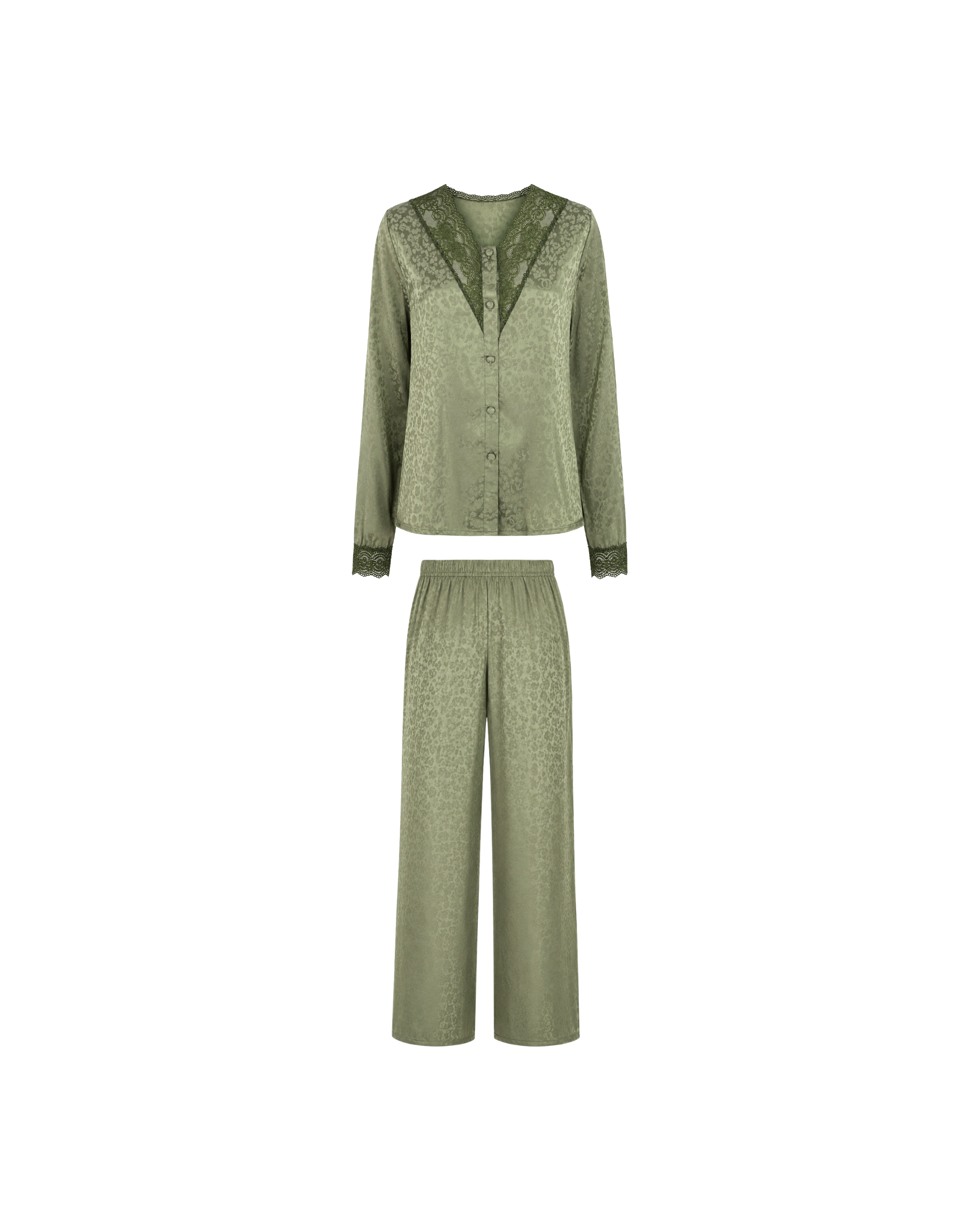 Pyjama Satin Vert Sauge Jacquard Dentelle – Ensemble Femme Élégant