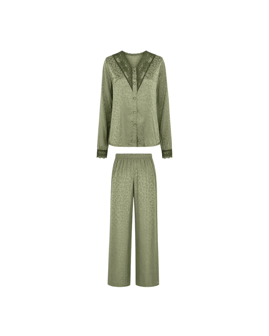 Pyjama Satin Vert Sauge Jacquard Dentelle – Ensemble Femme Élégant - La Sprezzatura pyjamas