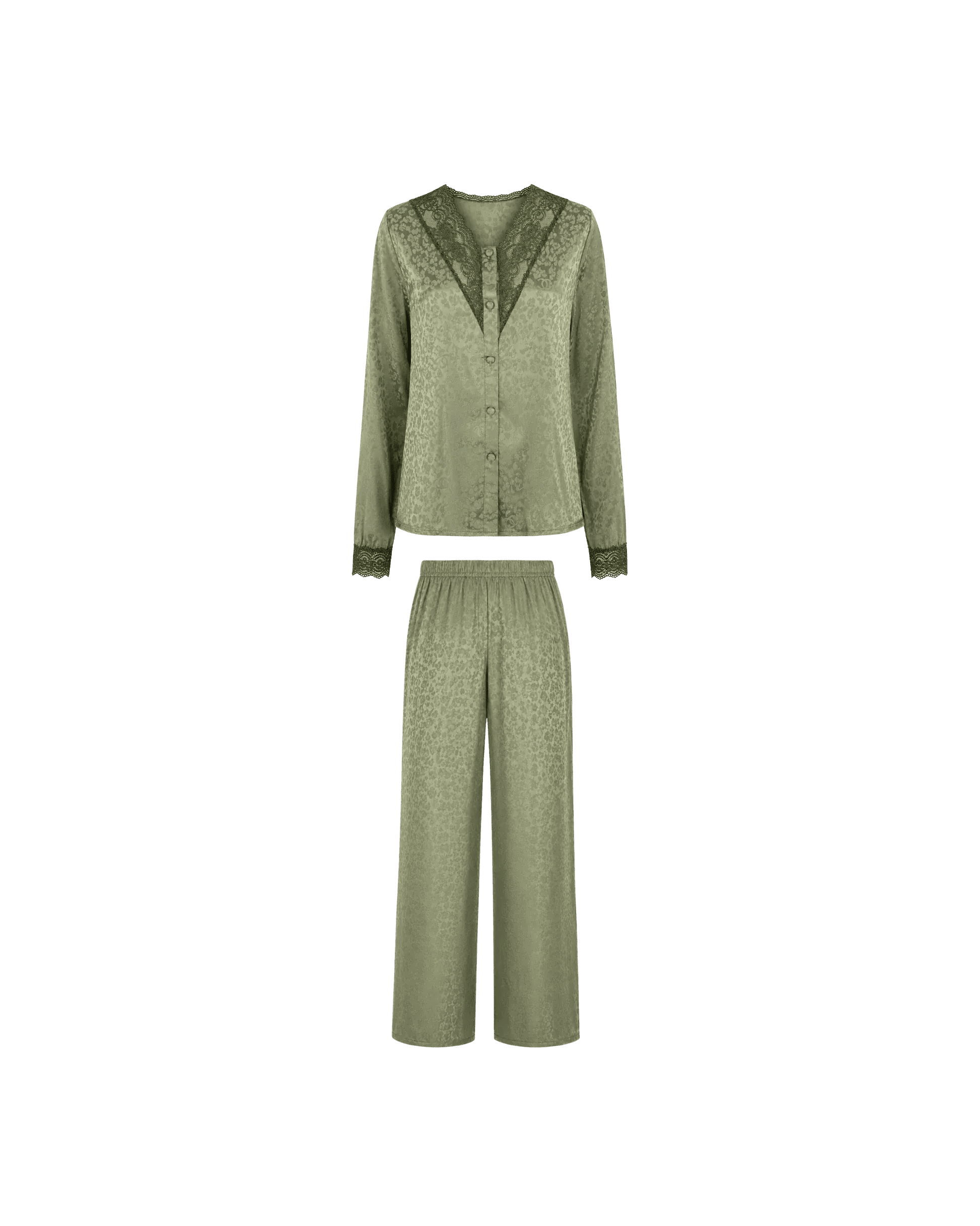 Pyjama Satin Vert Sauge Jacquard Dentelle – Ensemble Femme Élégant - La Sprezzatura pyjamas