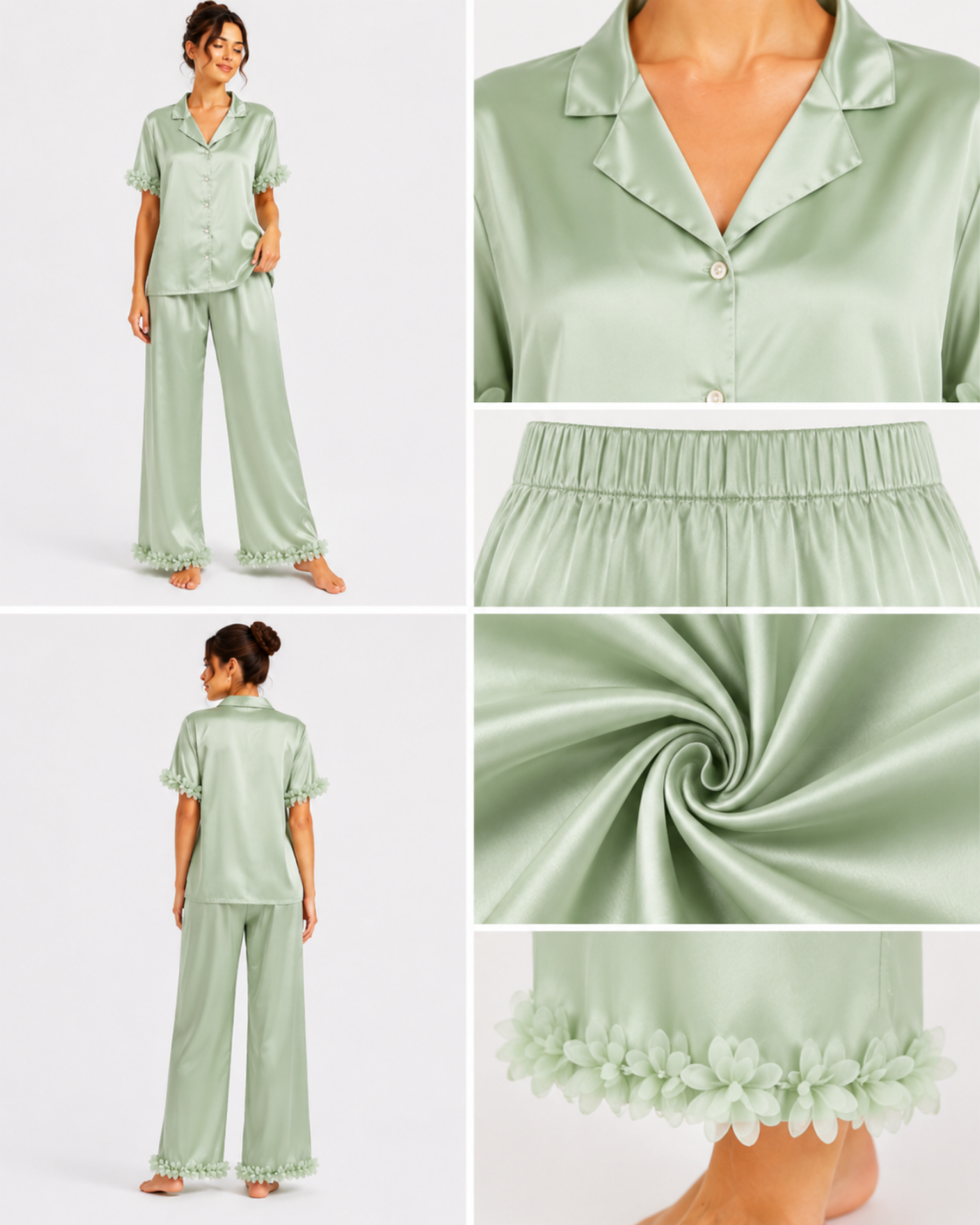 Pyjama Satin Vert Sauge Femme – Ensemble Satin Fluide à Fleurs