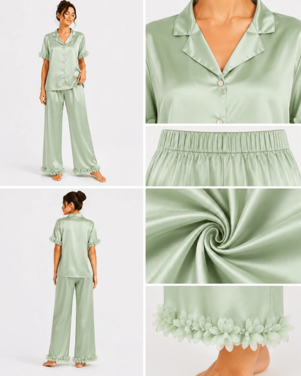 Pyjama Satin Vert Sauge Femme – Ensemble Satin Fluide à Fleurs - La Sprezzatura pyjamas