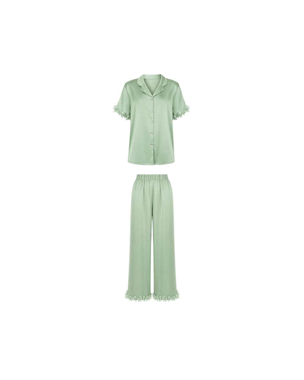 Pyjama Satin Vert Sauge Femme – Ensemble Satin Fluide à Fleurs
