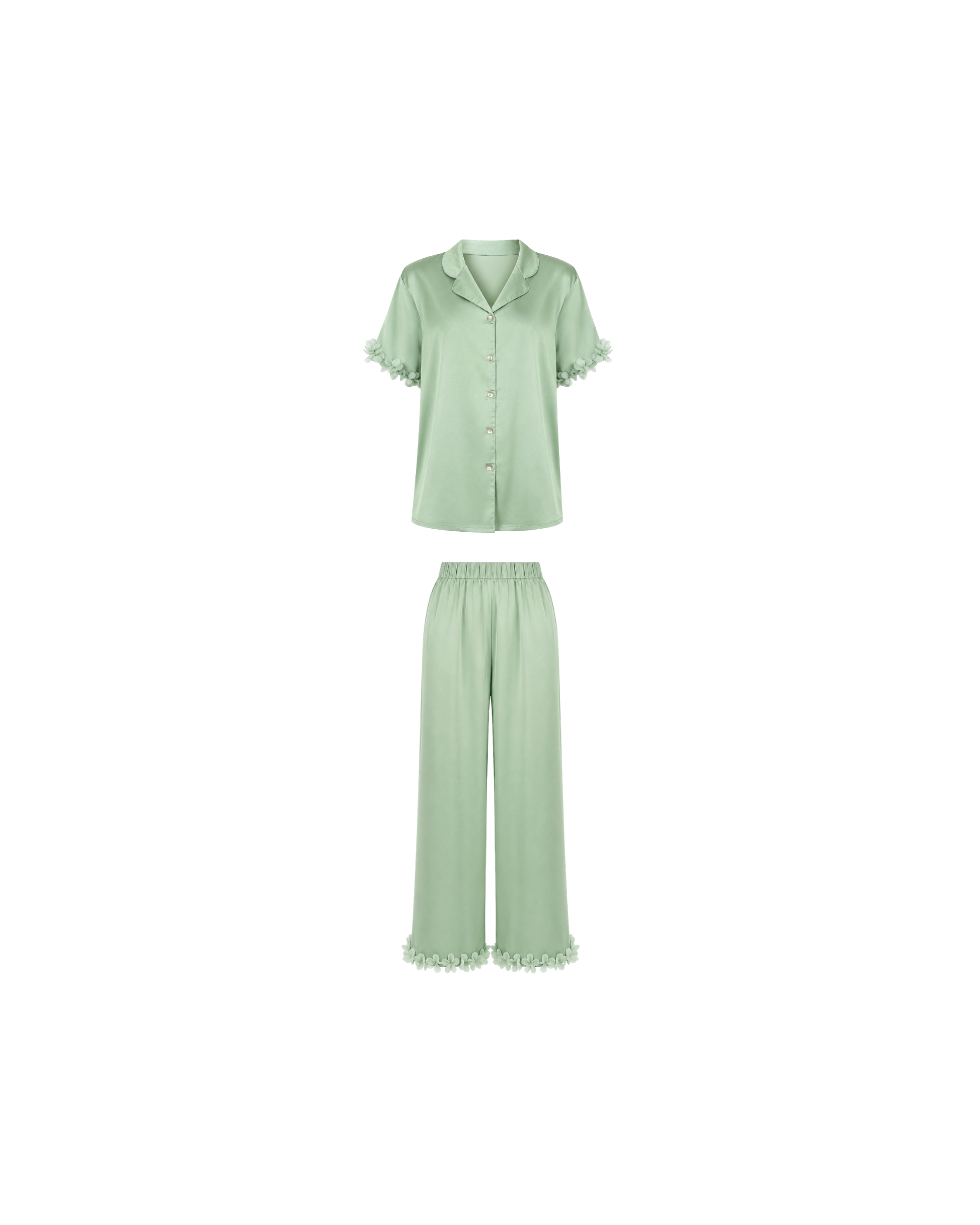 Pyjama Satin Vert Sauge Femme – Ensemble Satin Fluide à Fleurs