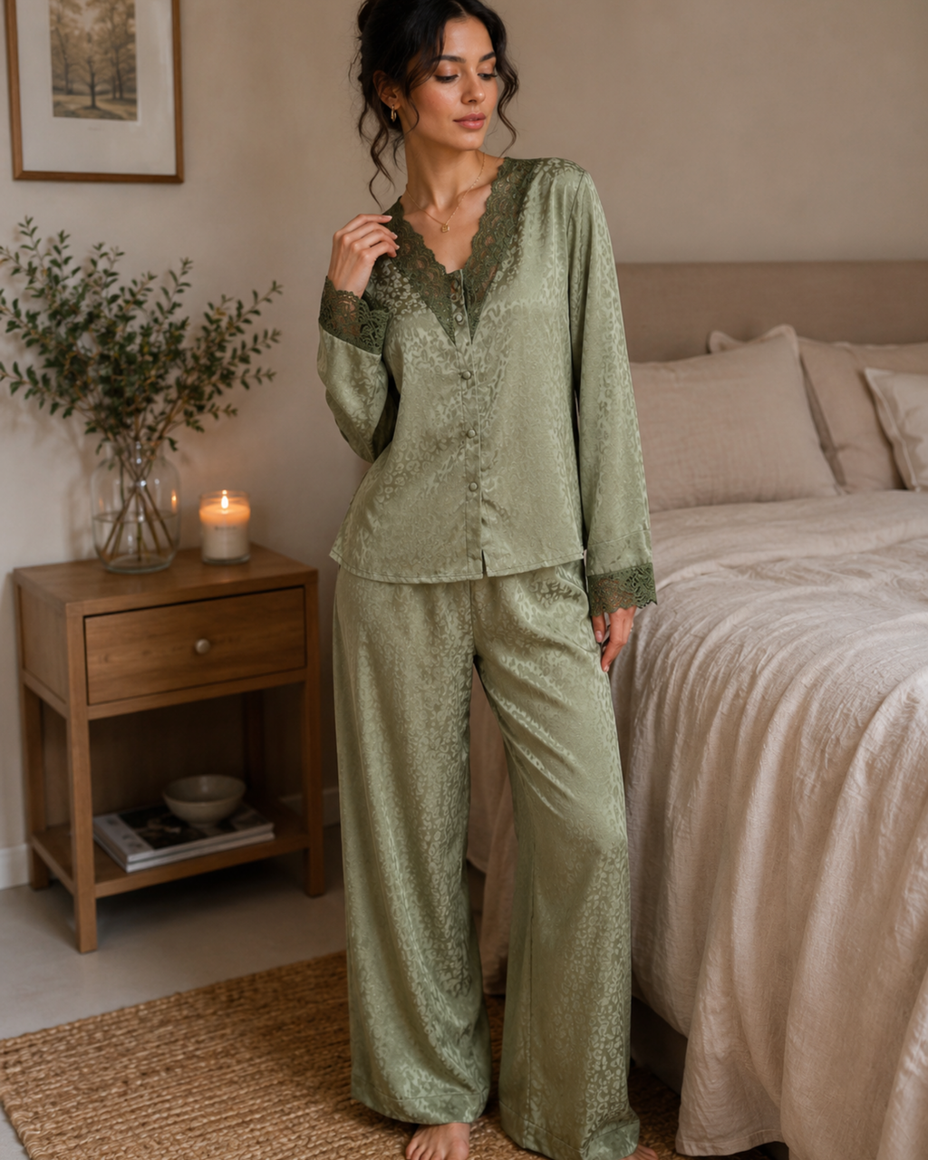Pyjama Satin Vert Sauge Jacquard Dentelle – Ensemble Femme Élégant