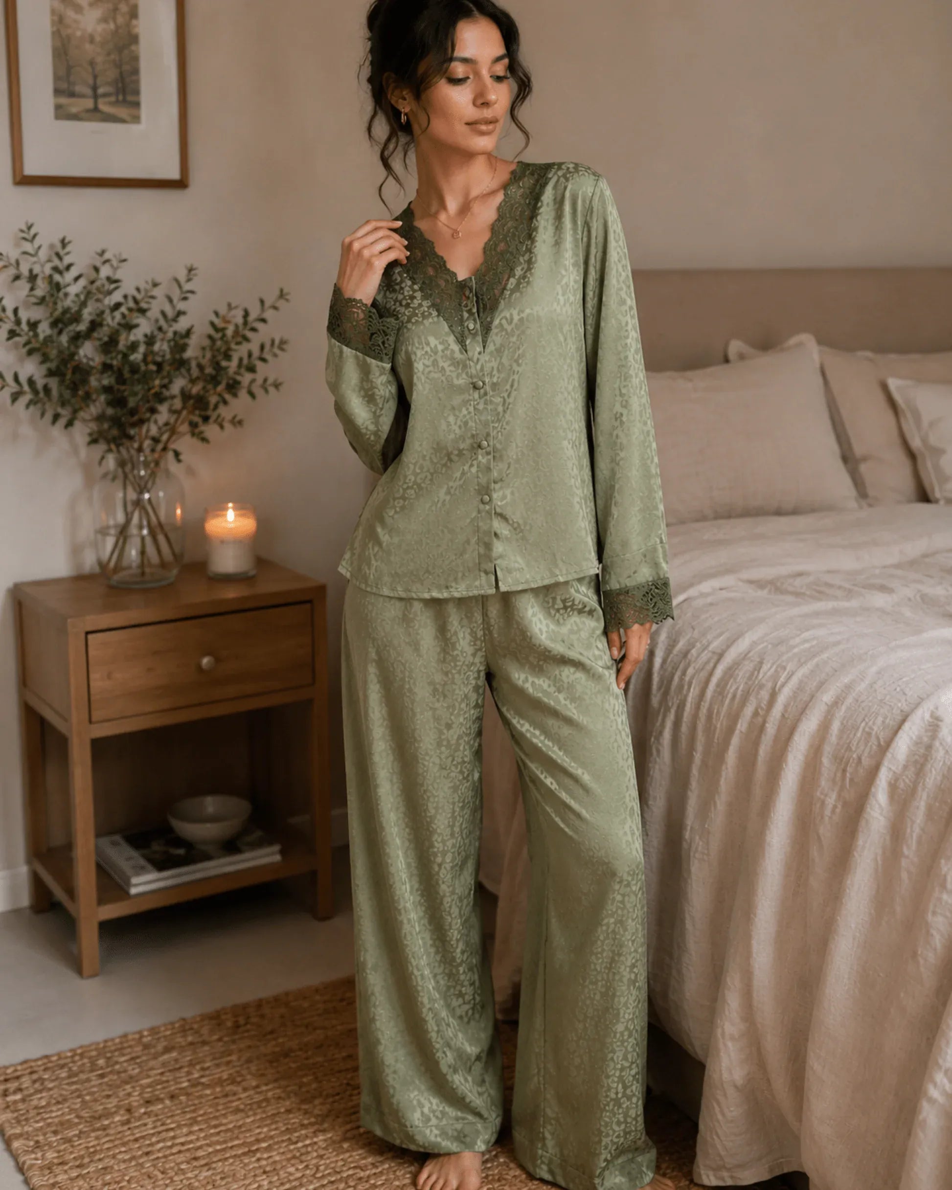 Pyjama Satin Vert Sauge Jacquard Dentelle – Ensemble Femme Élégant - La Sprezzatura pyjamas