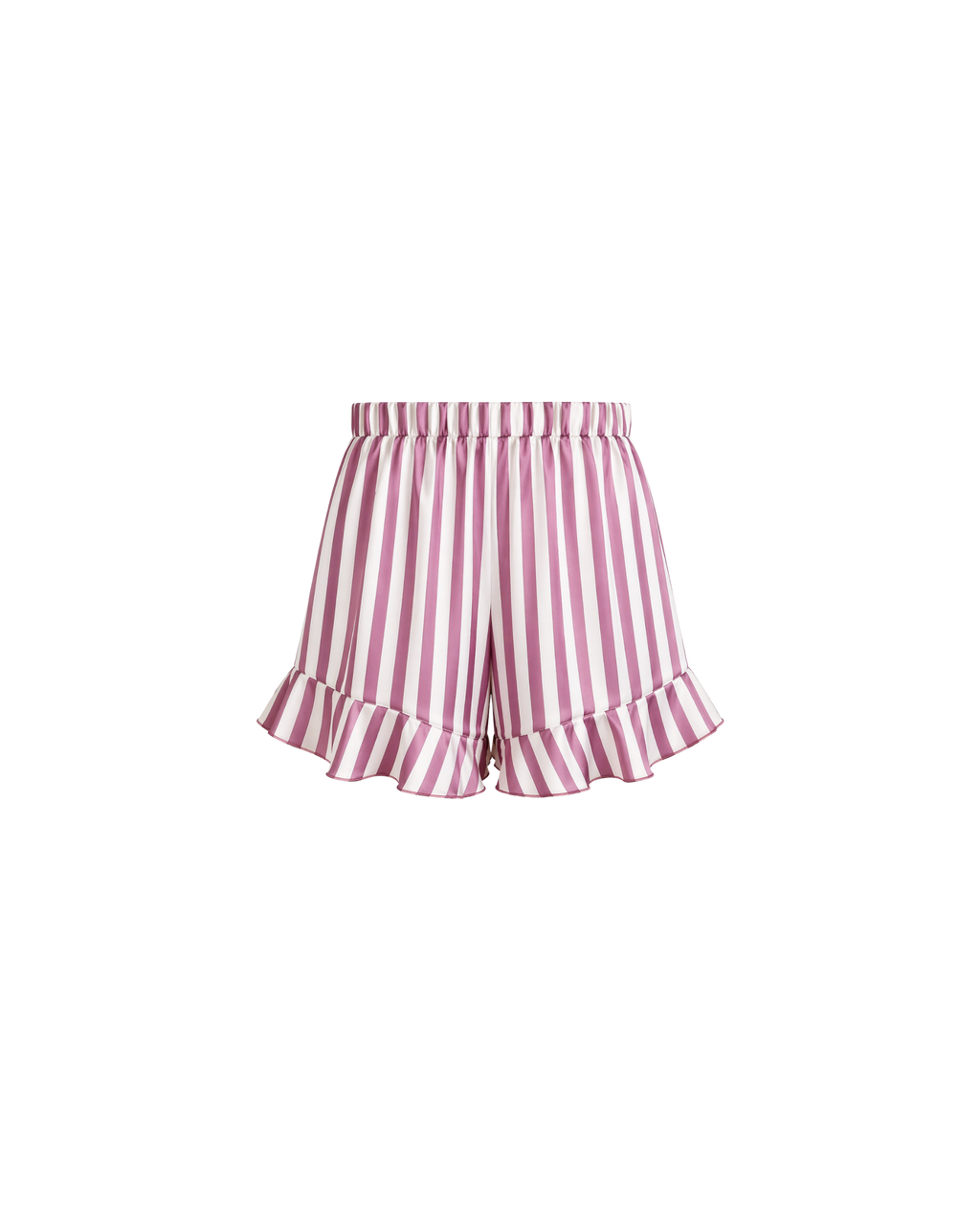 Short pyjama satin rayé rose et blanc taille élastique volanté