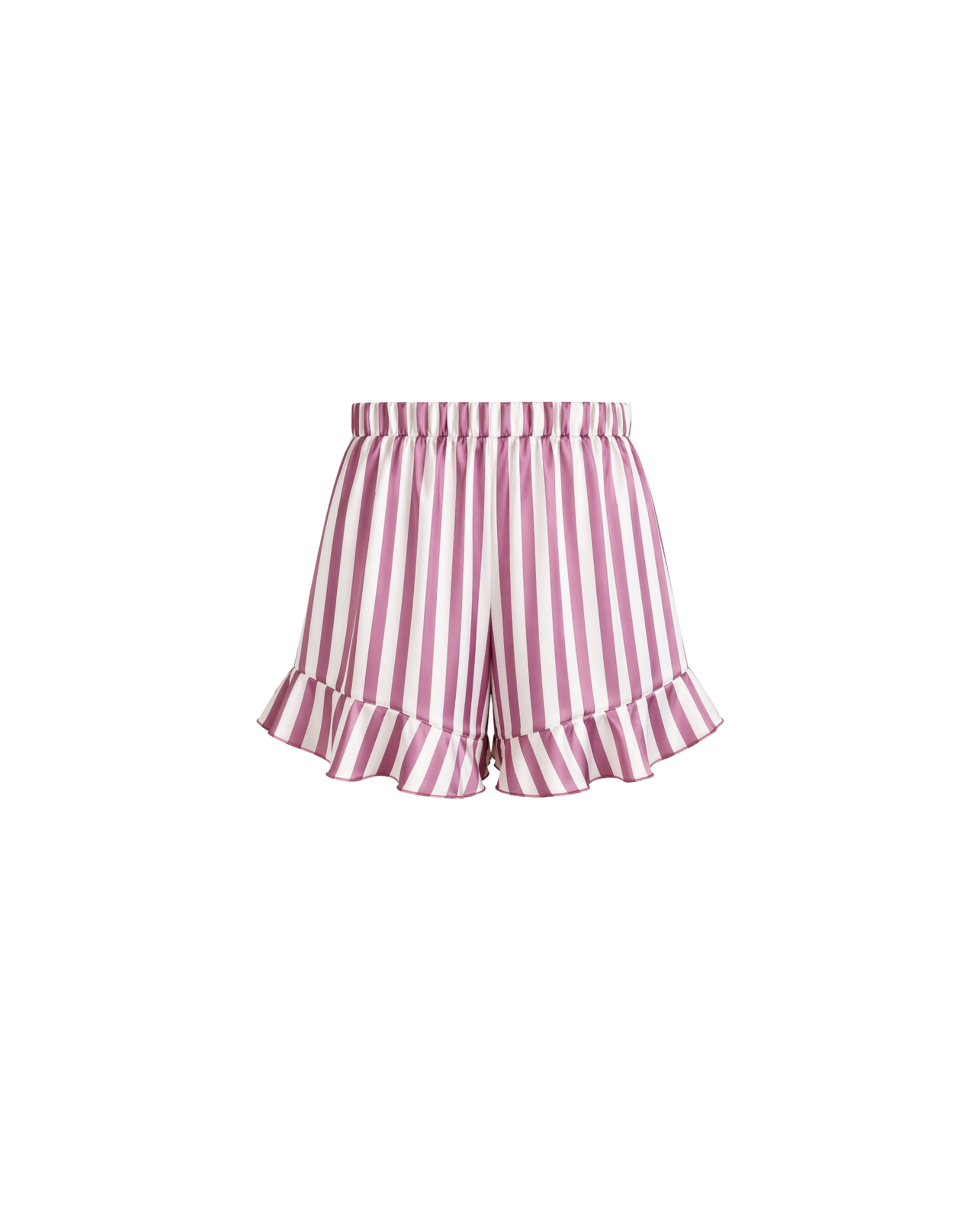 Short pyjama satin rayé rose et blanc taille élastique volanté
