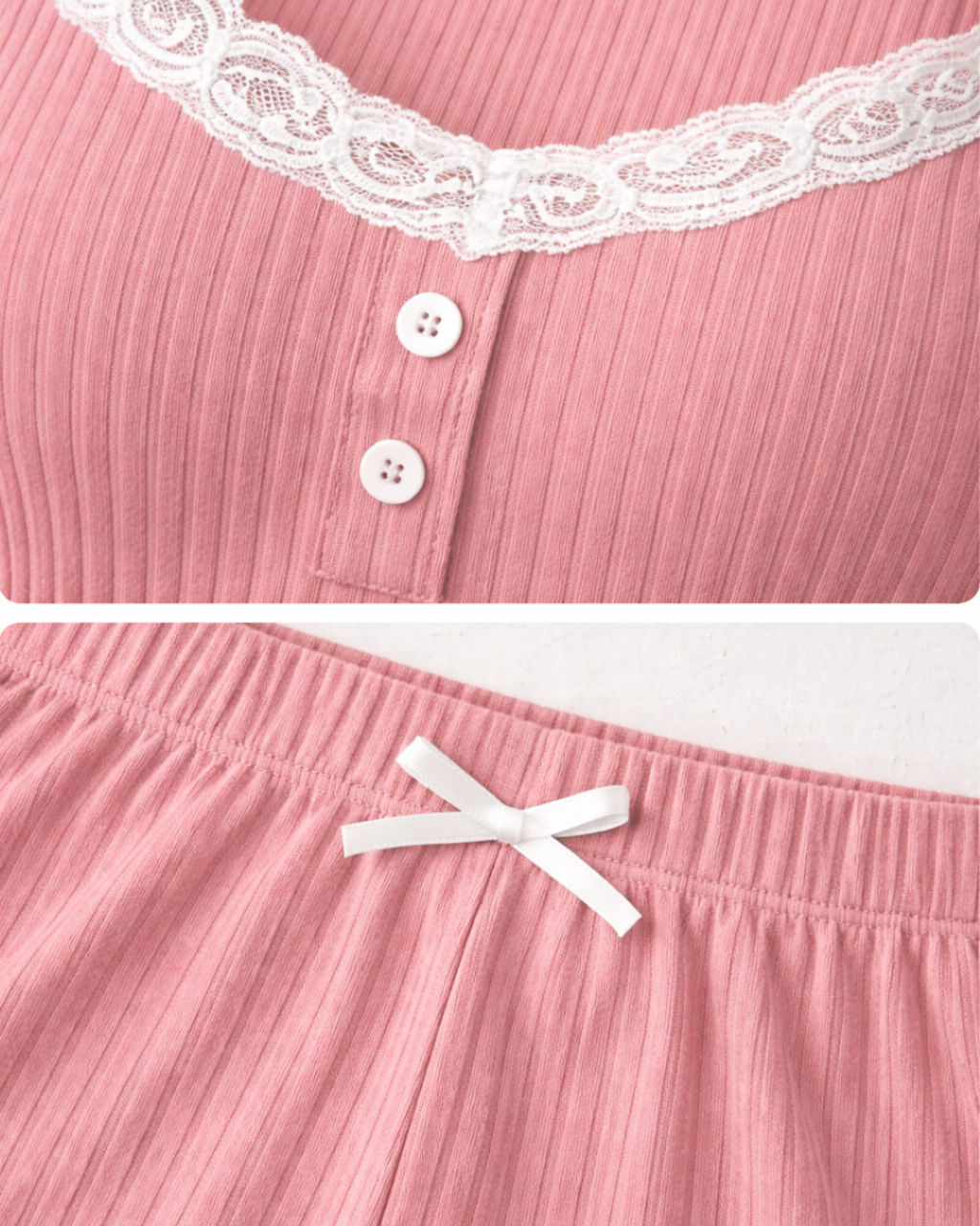 PYJAMA COURT CÔTELÉ ROSE AVEC DENTELLE – ENSEMBLE 2 PIÈCES FEMME