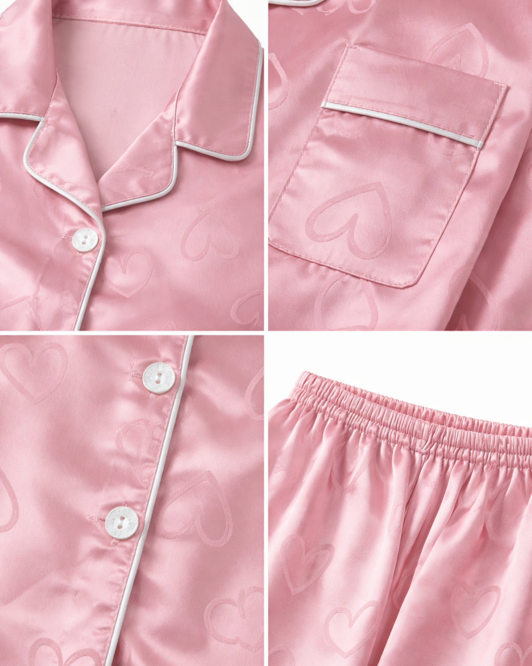 PYJAMA SATIN ROSE CŒURS – ENSEMBLE LONG FEMME