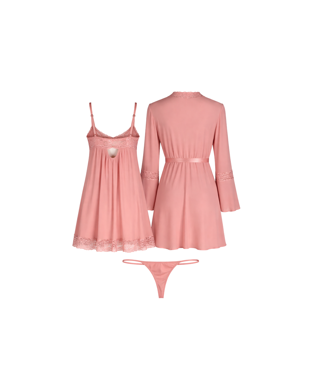 ENSEMBLE NUISETTE SATIN ROSE POUDRÉ AVEC KIMONO & STRING DENTELLE