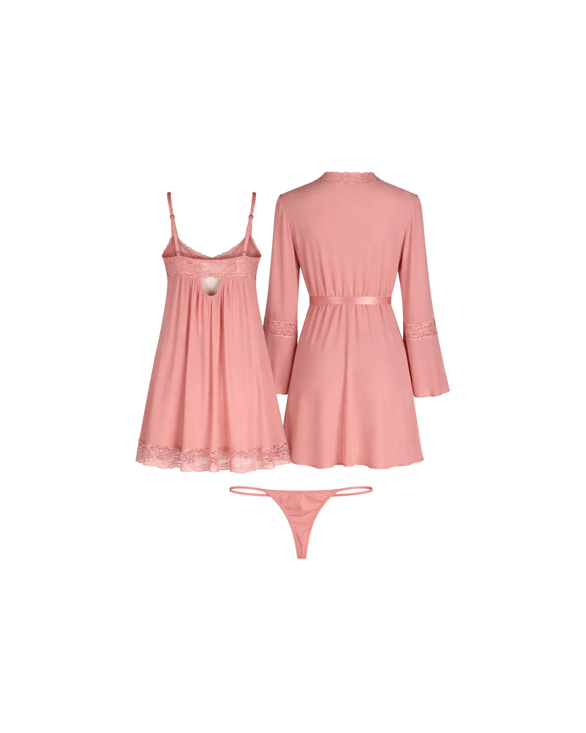 ENSEMBLE NUISETTE SATIN ROSE POUDRÉ AVEC KIMONO & STRING DENTELLE