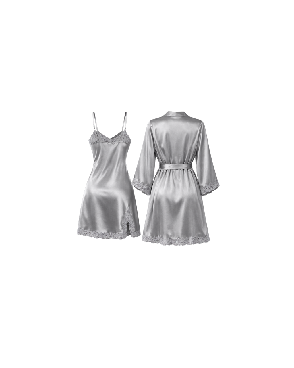 ENSEMBLE SATIN GRIS ARGENTÉ 2 PIÈCES – KIMONO & NUISETTE DENTELLE