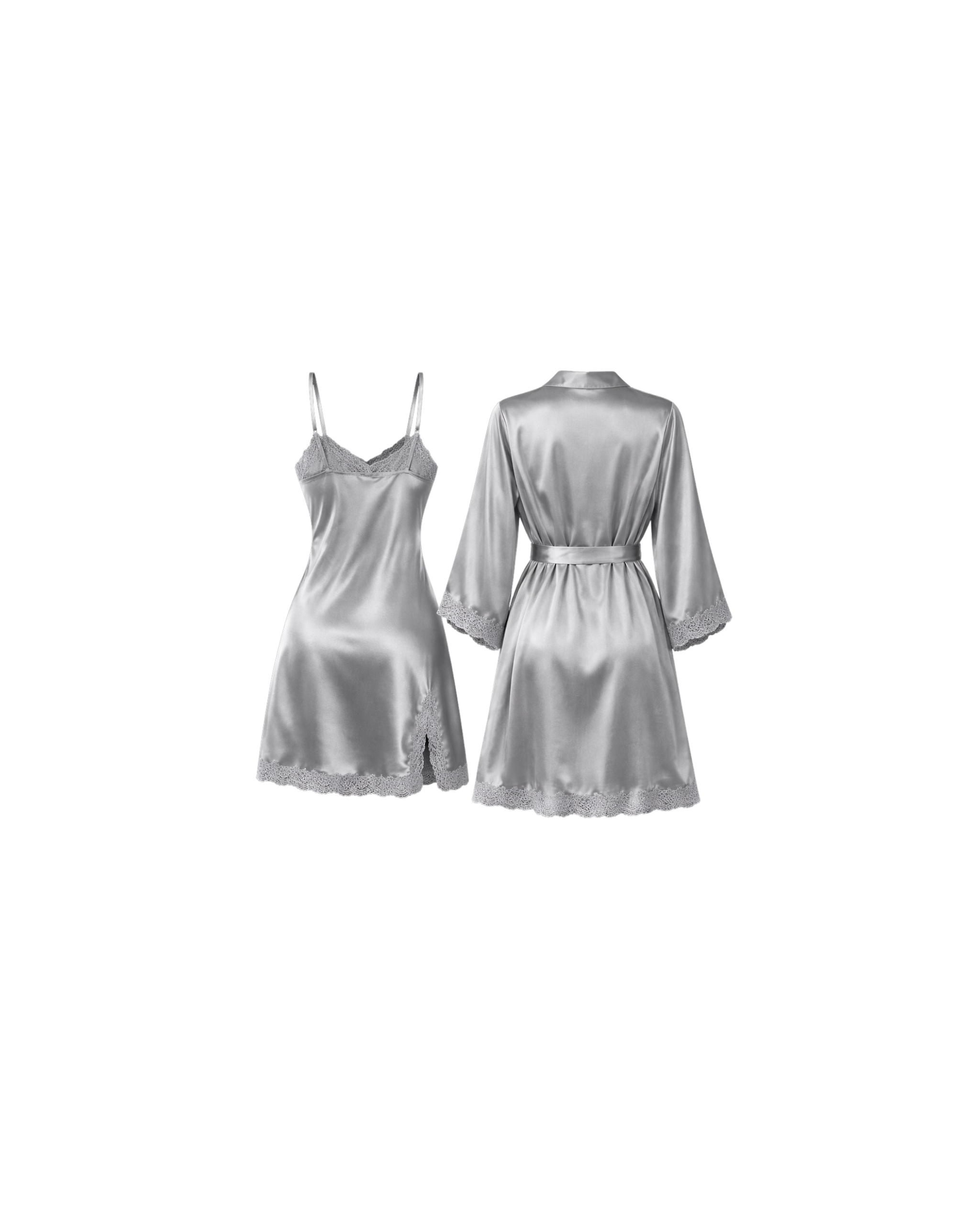 ENSEMBLE SATIN GRIS ARGENTÉ 2 PIÈCES – KIMONO & NUISETTE DENTELLE