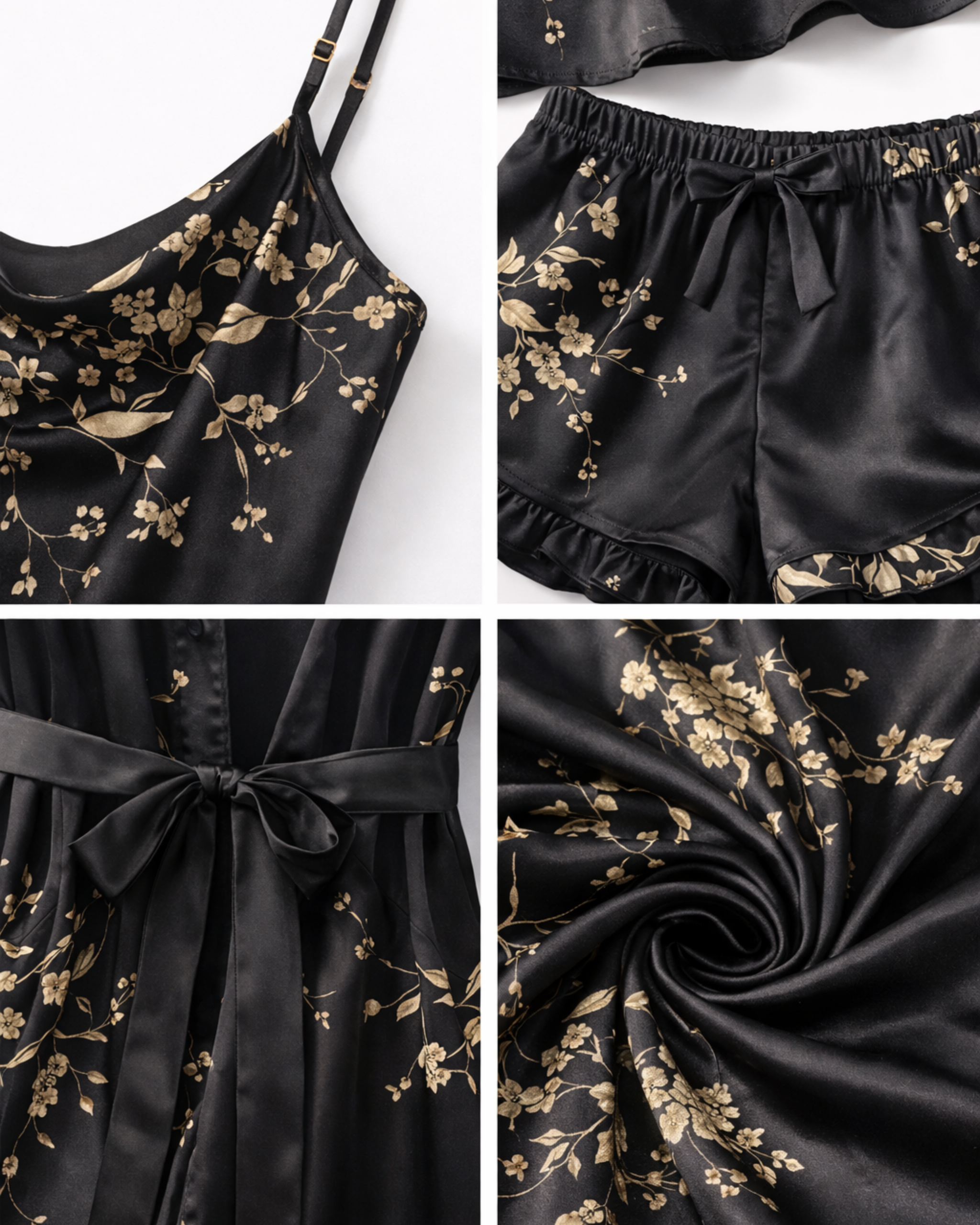 ENSEMBLE SATIN FLORAL NOIR 4 PIÈCES – KIMONO, TOP, SHORT & POCHETTE