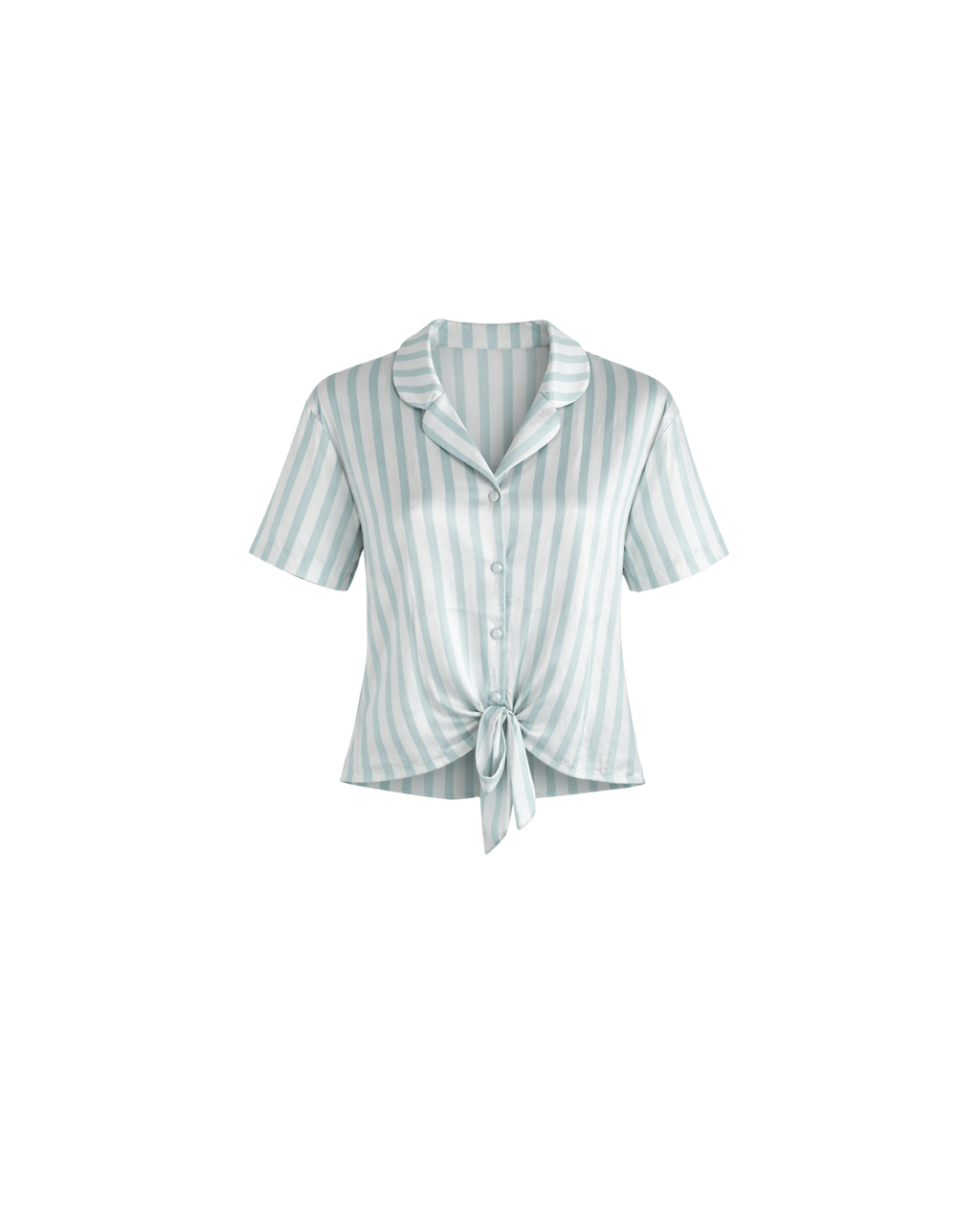 PYJAMA SATIN RAYÉ VERT D’EAU 2 PIÈCES – SHORT À VOLANTS