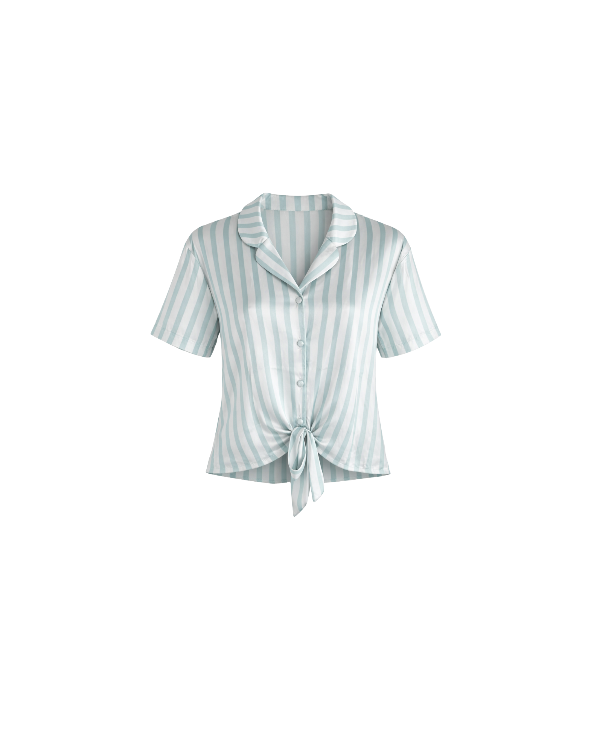 PYJAMA SATIN RAYÉ VERT D’EAU 2 PIÈCES – SHORT À VOLANTS