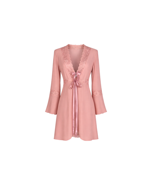 ENSEMBLE NUISETTE SATIN ROSE POUDRÉ AVEC KIMONO & STRING DENTELLE