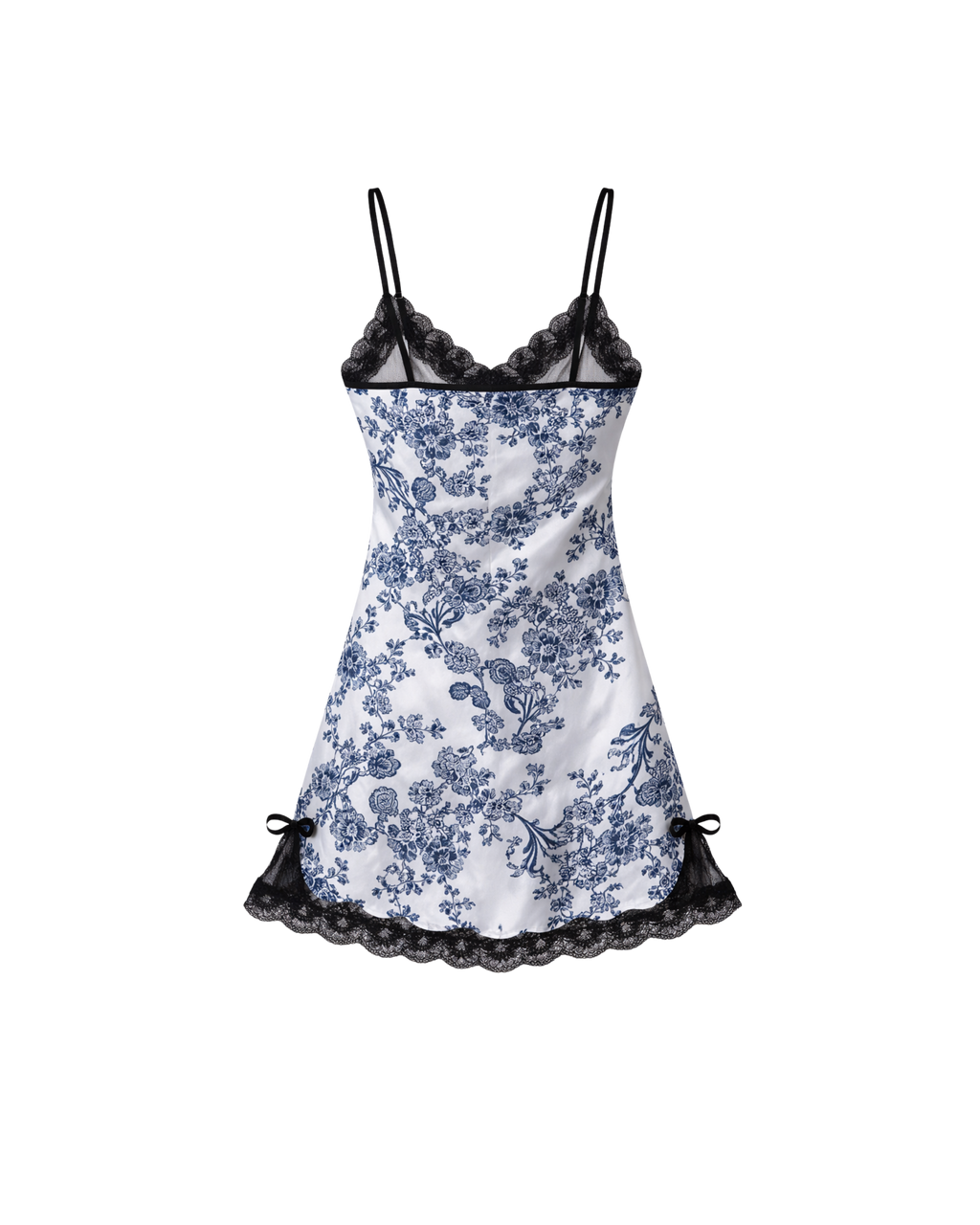 NUISETTE SATIN BLANCHE À IMPRIMÉ FLORAL BLEU ET DENTELLE NOIRE