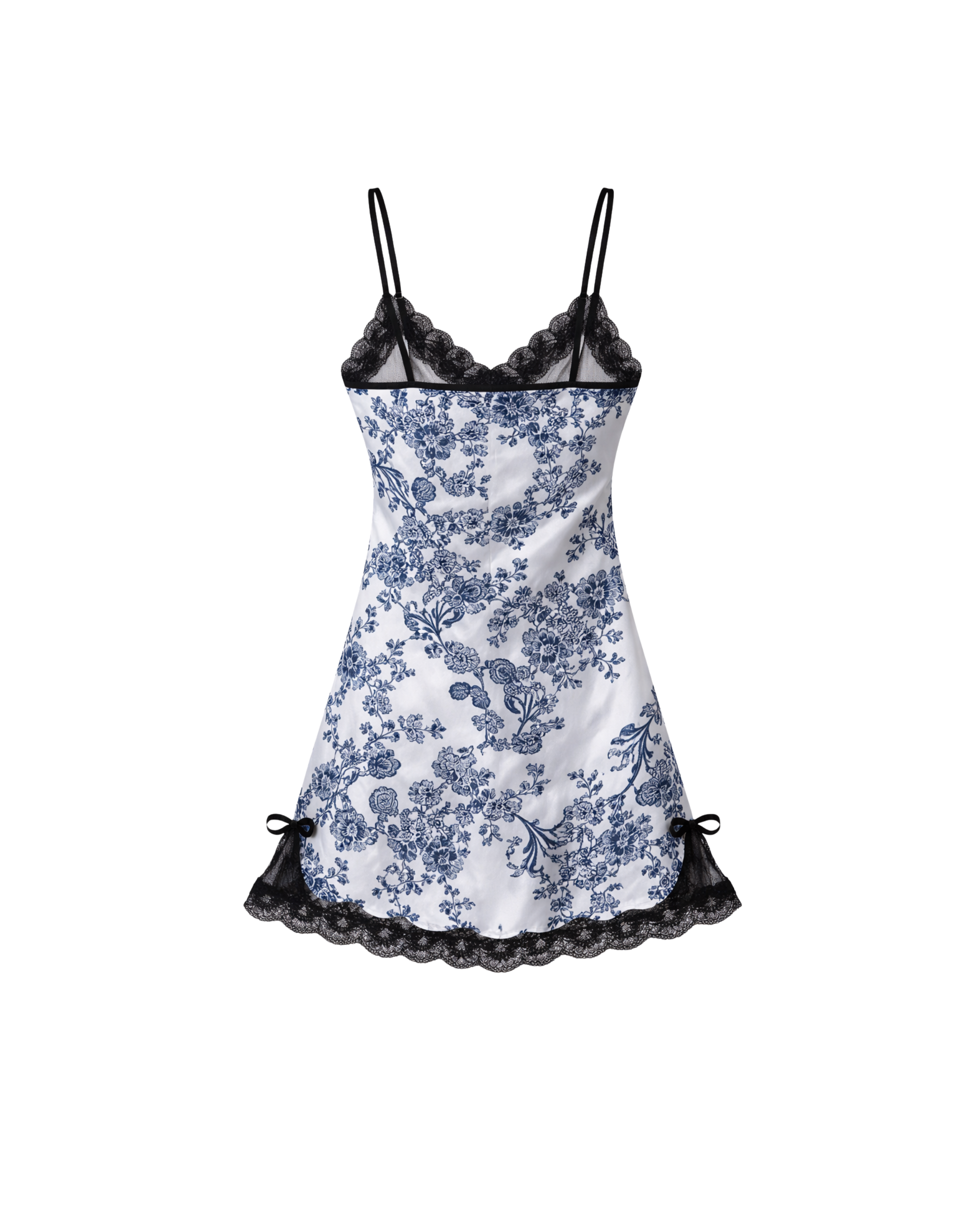 NUISETTE SATIN BLANCHE À IMPRIMÉ FLORAL BLEU ET DENTELLE NOIRE