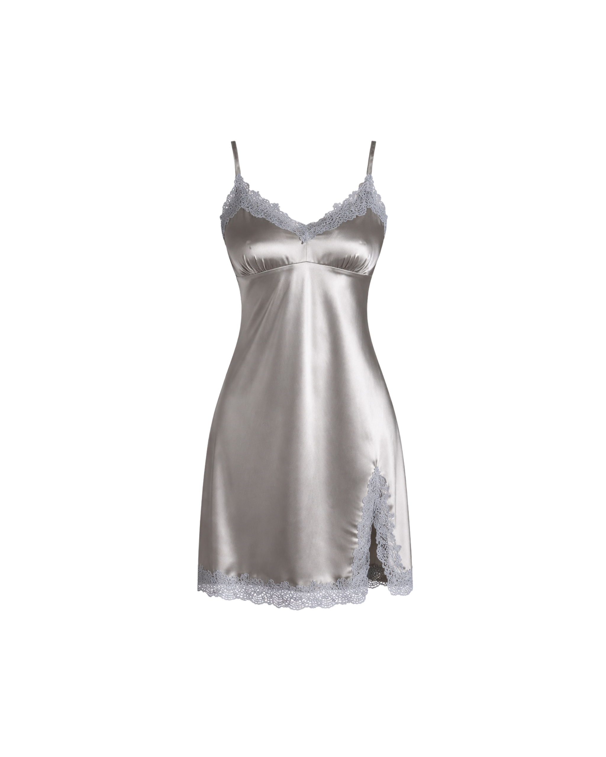 ENSEMBLE SATIN GRIS ARGENTÉ 2 PIÈCES – KIMONO & NUISETTE DENTELLE