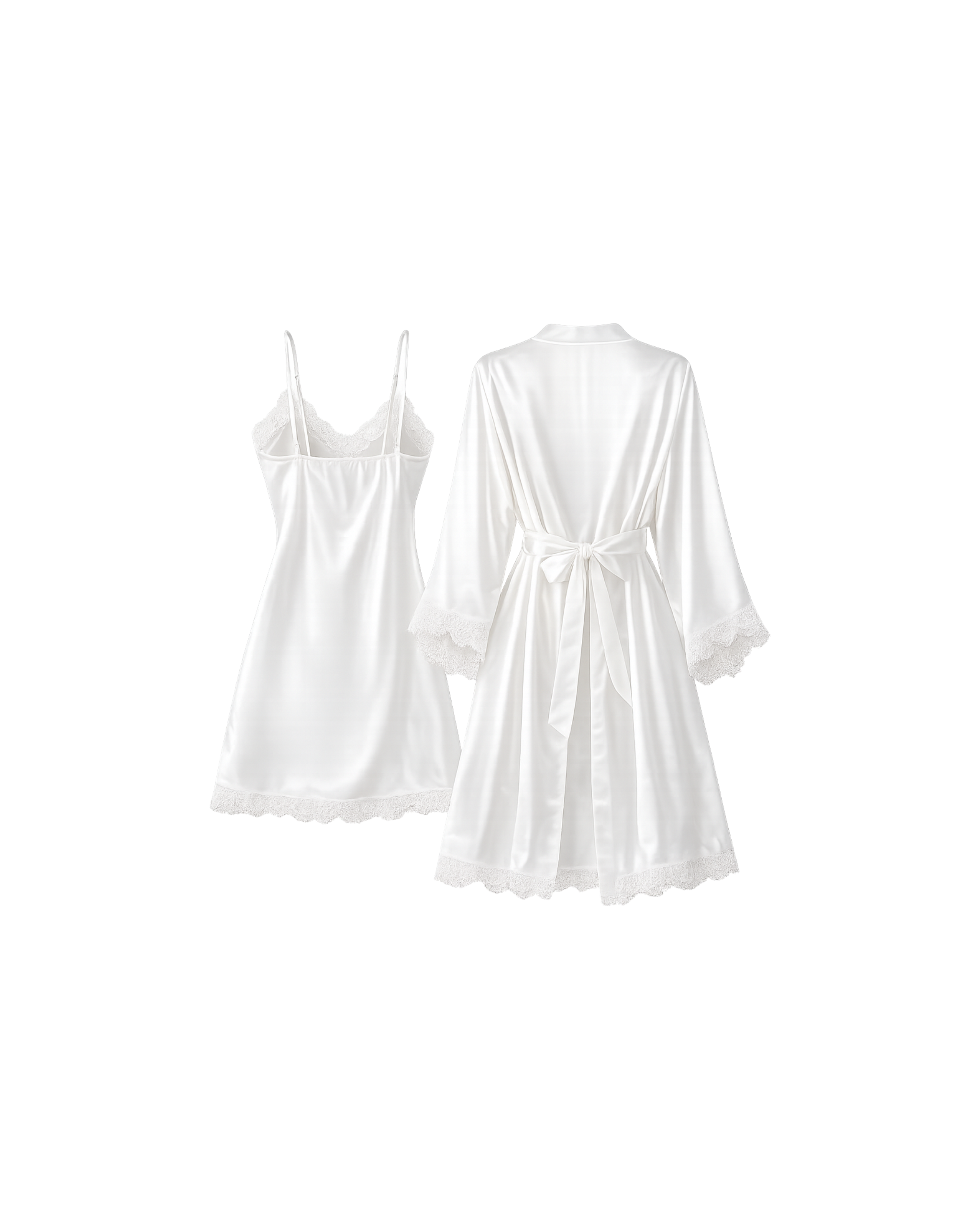 ENSEMBLE NUISETTE SATIN BLANCHE AVEC PEIGNOIR ET DENTELLE