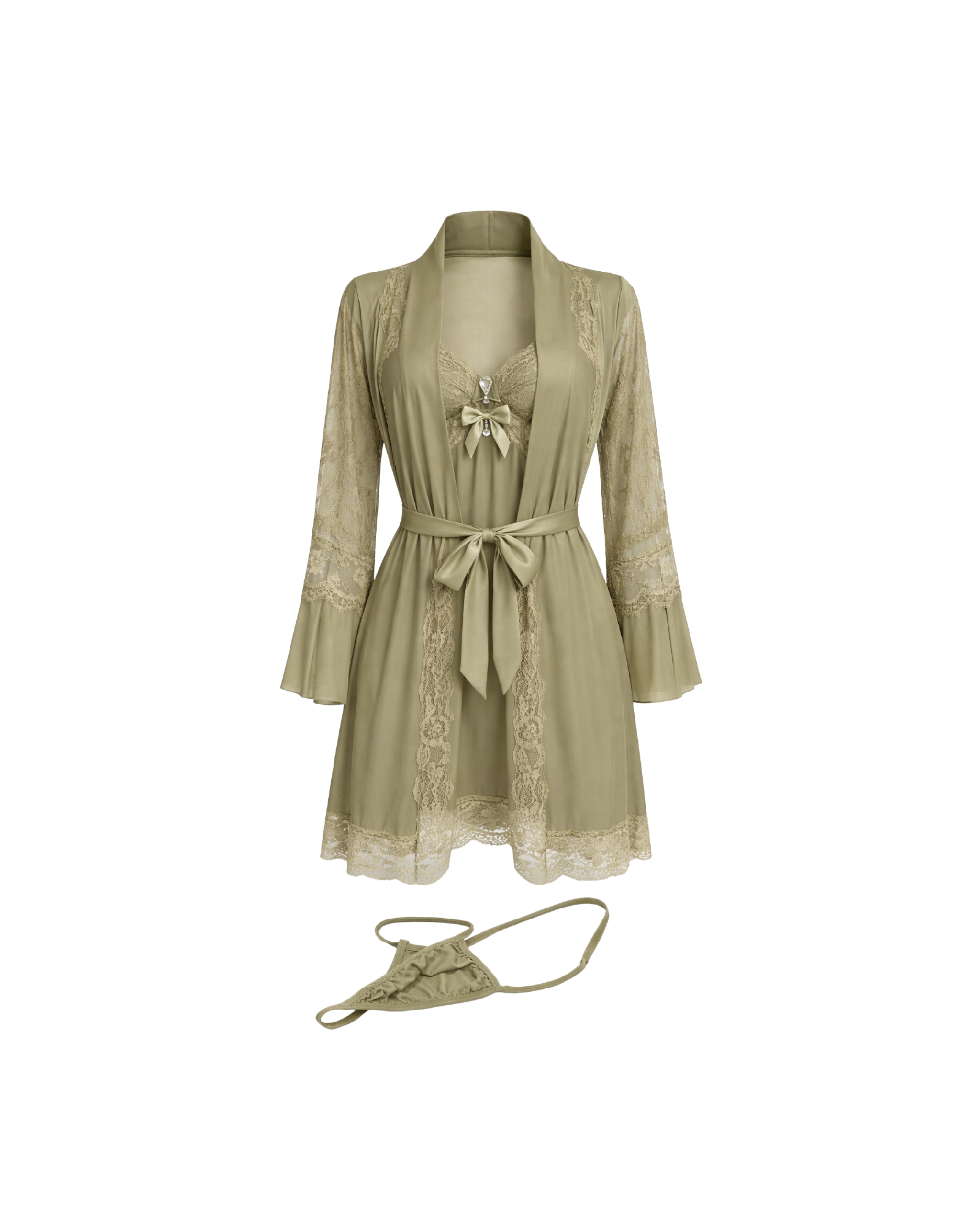 ENSEMBLE LINGERIE 3 PIÈCES VERT SAUGE EN DENTELLE