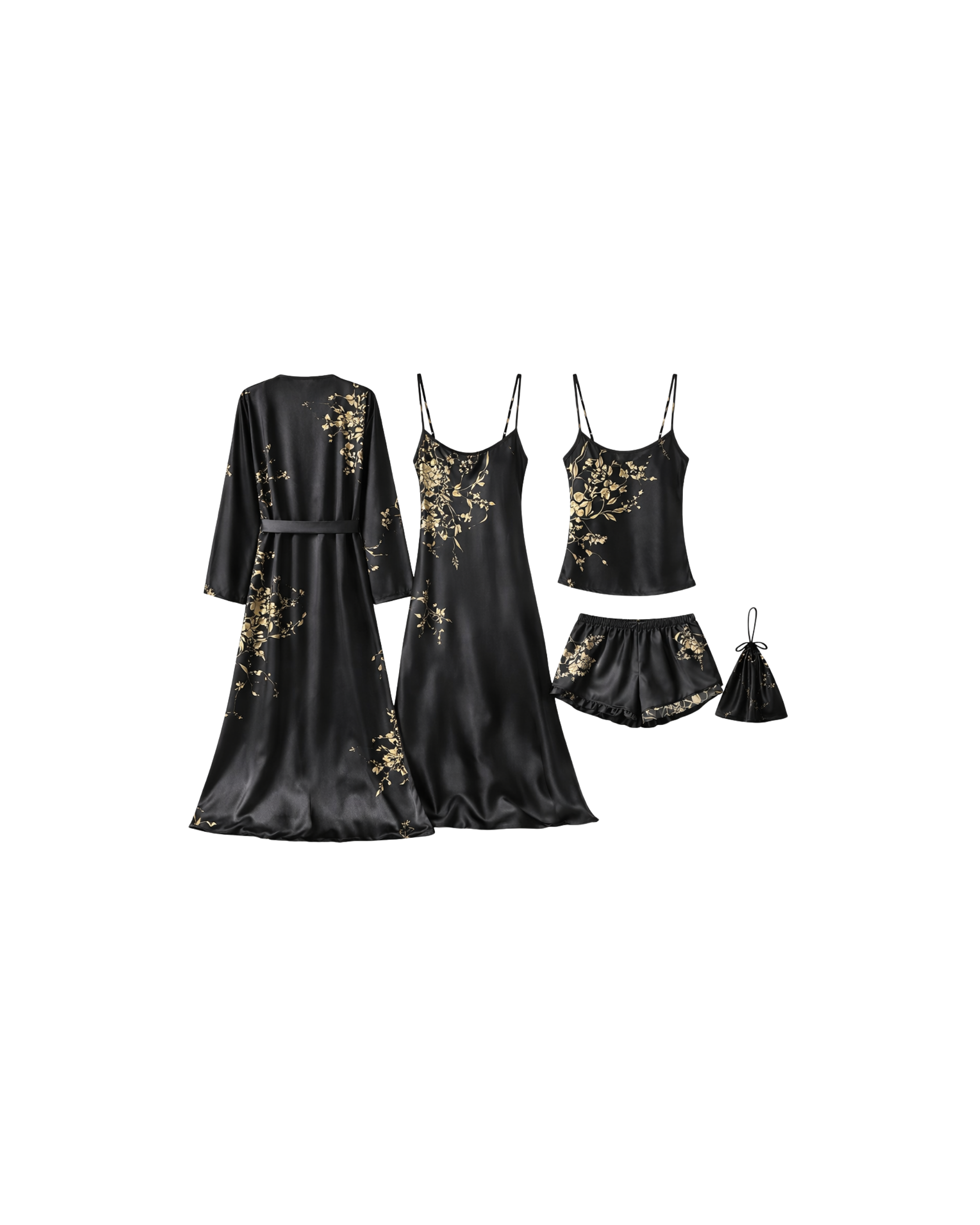 ENSEMBLE SATIN FLORAL NOIR 4 PIÈCES – KIMONO, TOP, SHORT & POCHETTE