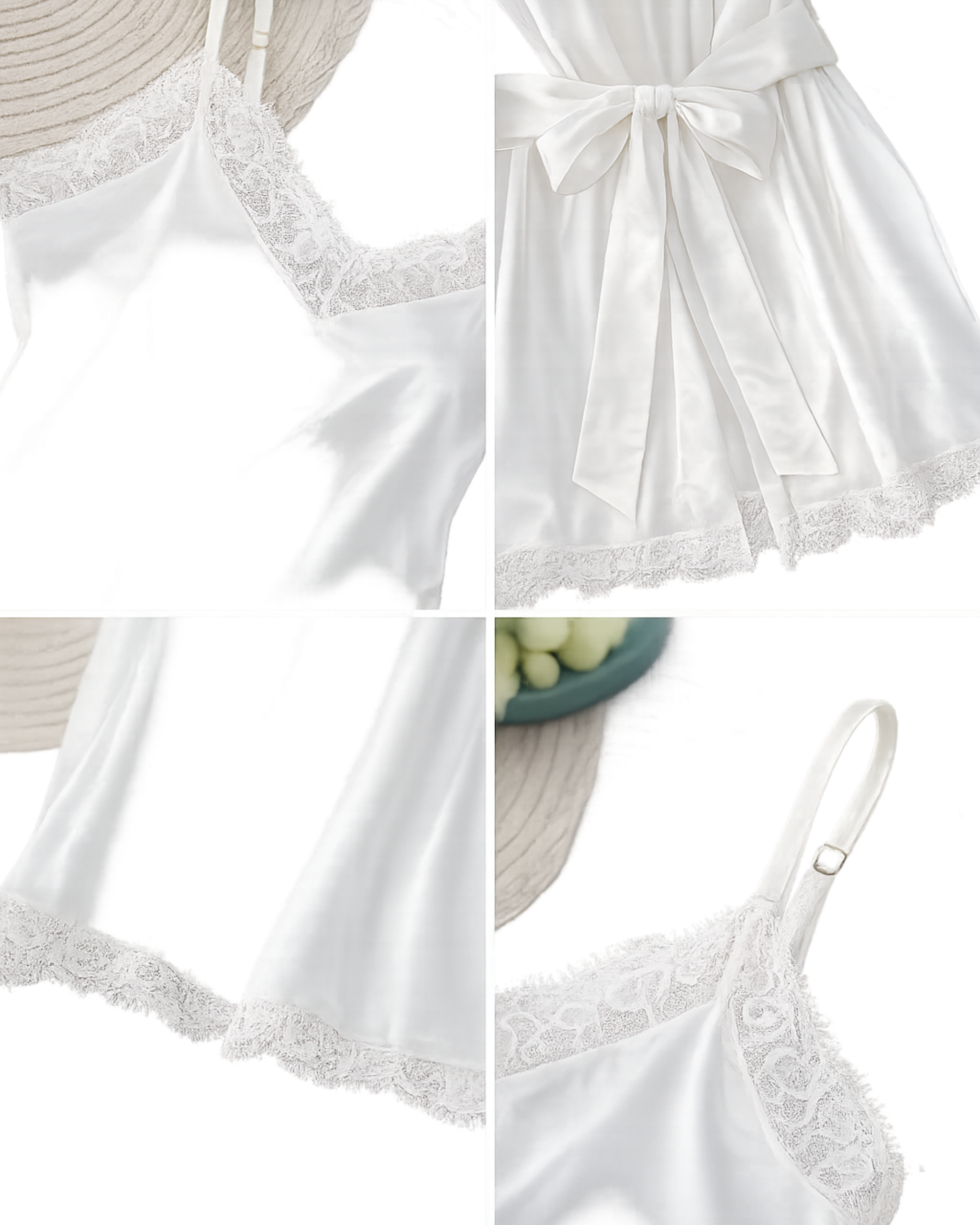 ENSEMBLE NUISETTE SATIN BLANCHE AVEC PEIGNOIR ET DENTELLE