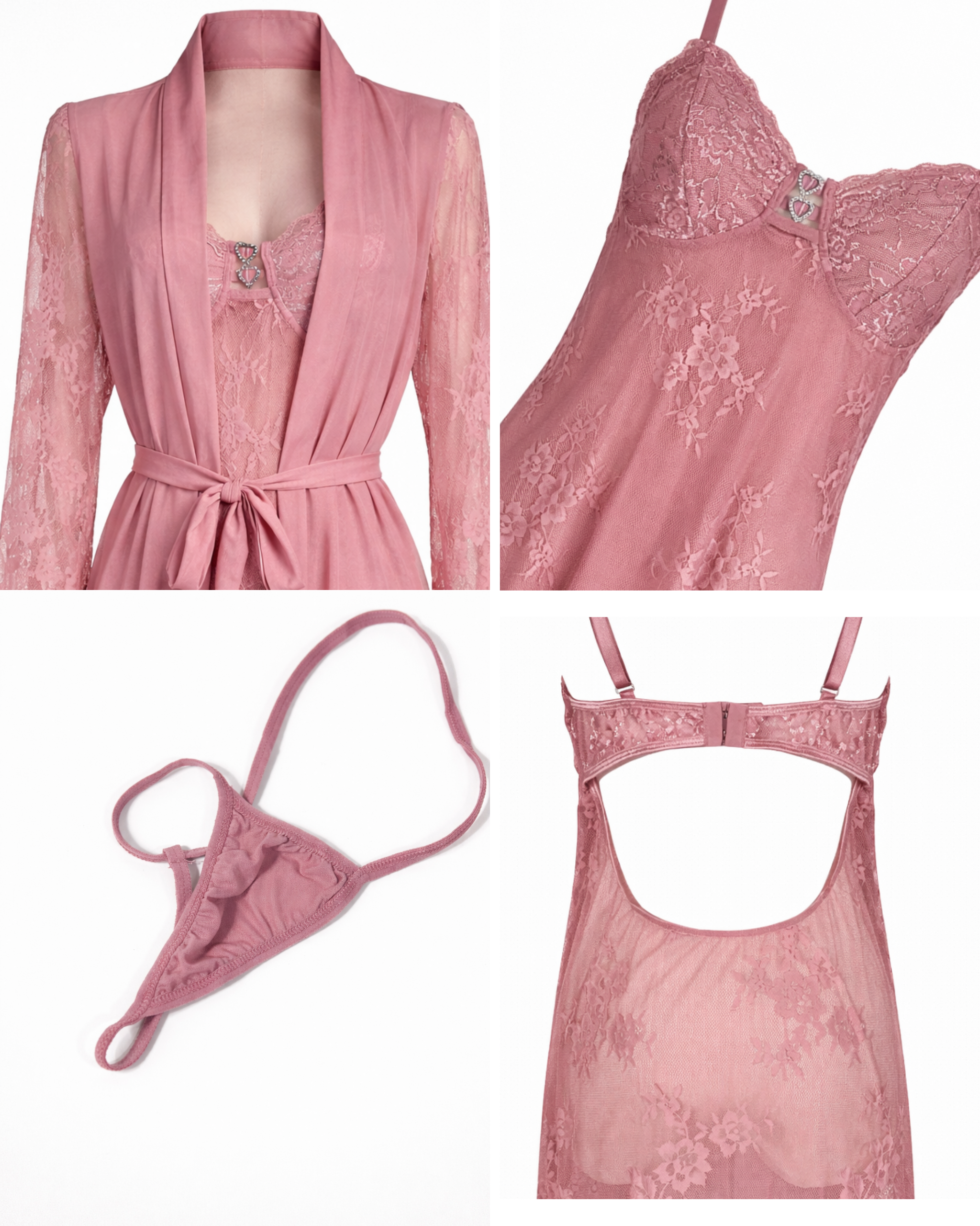 ENSEMBLE LINGERIE 3 PIÈCES ROSE POUDRÉ EN DENTELLE & TULLE