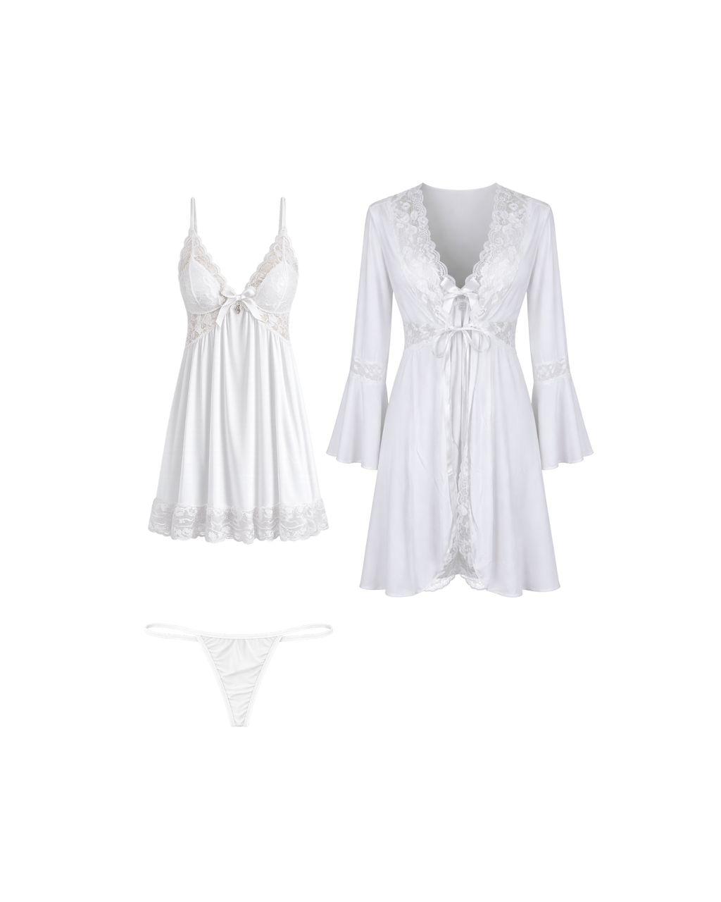 Ensemble Nuisette Blanche Dentelle 3 Pièces – Élégance Satinée & Féminité