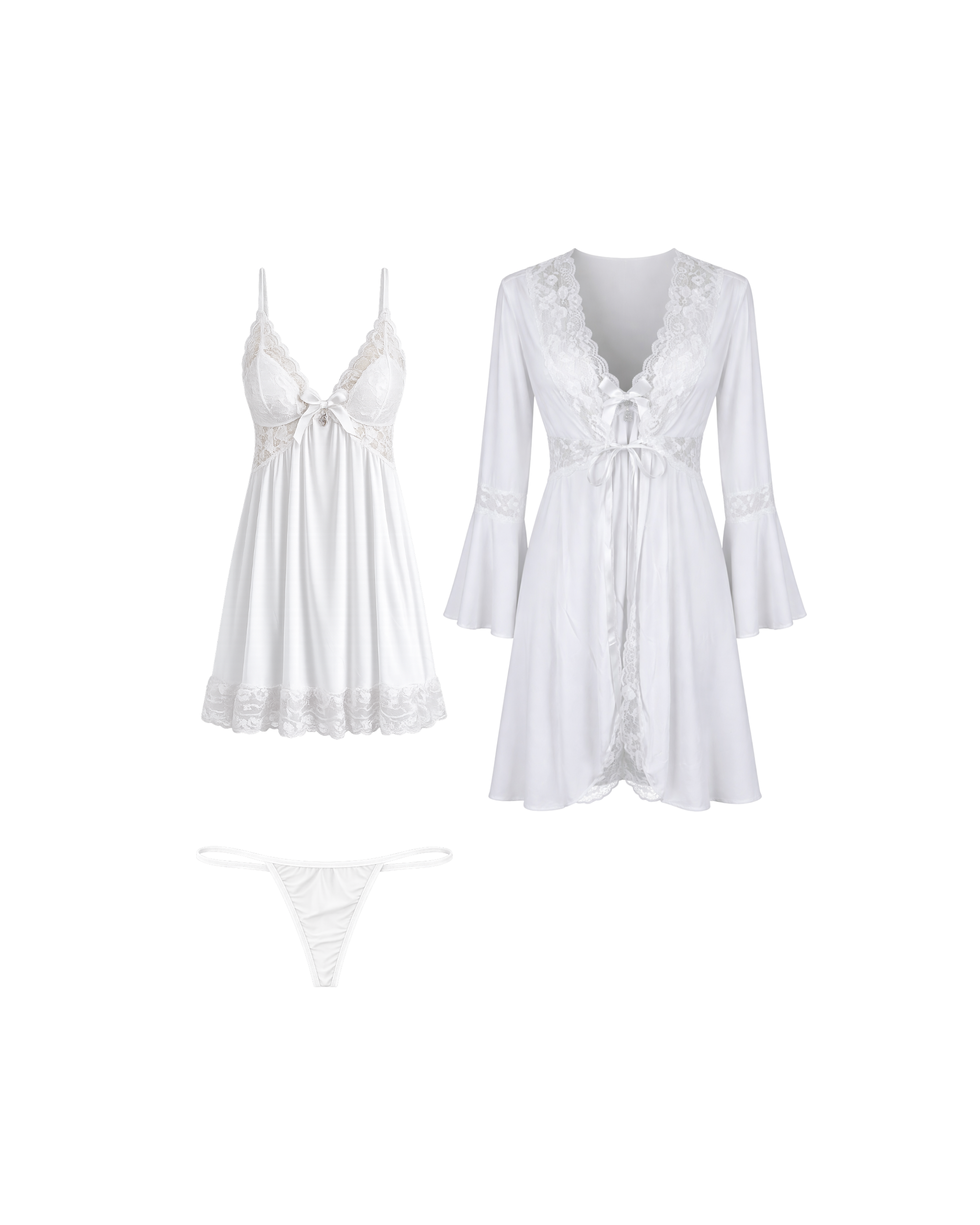 Ensemble Nuisette Blanche Dentelle 3 Pièces – Élégance Satinée & Féminité