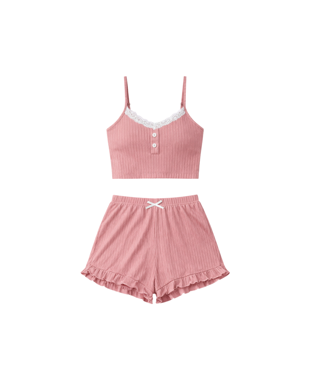 PYJAMA COURT CÔTELÉ ROSE AVEC DENTELLE – ENSEMBLE 2 PIÈCES FEMME
