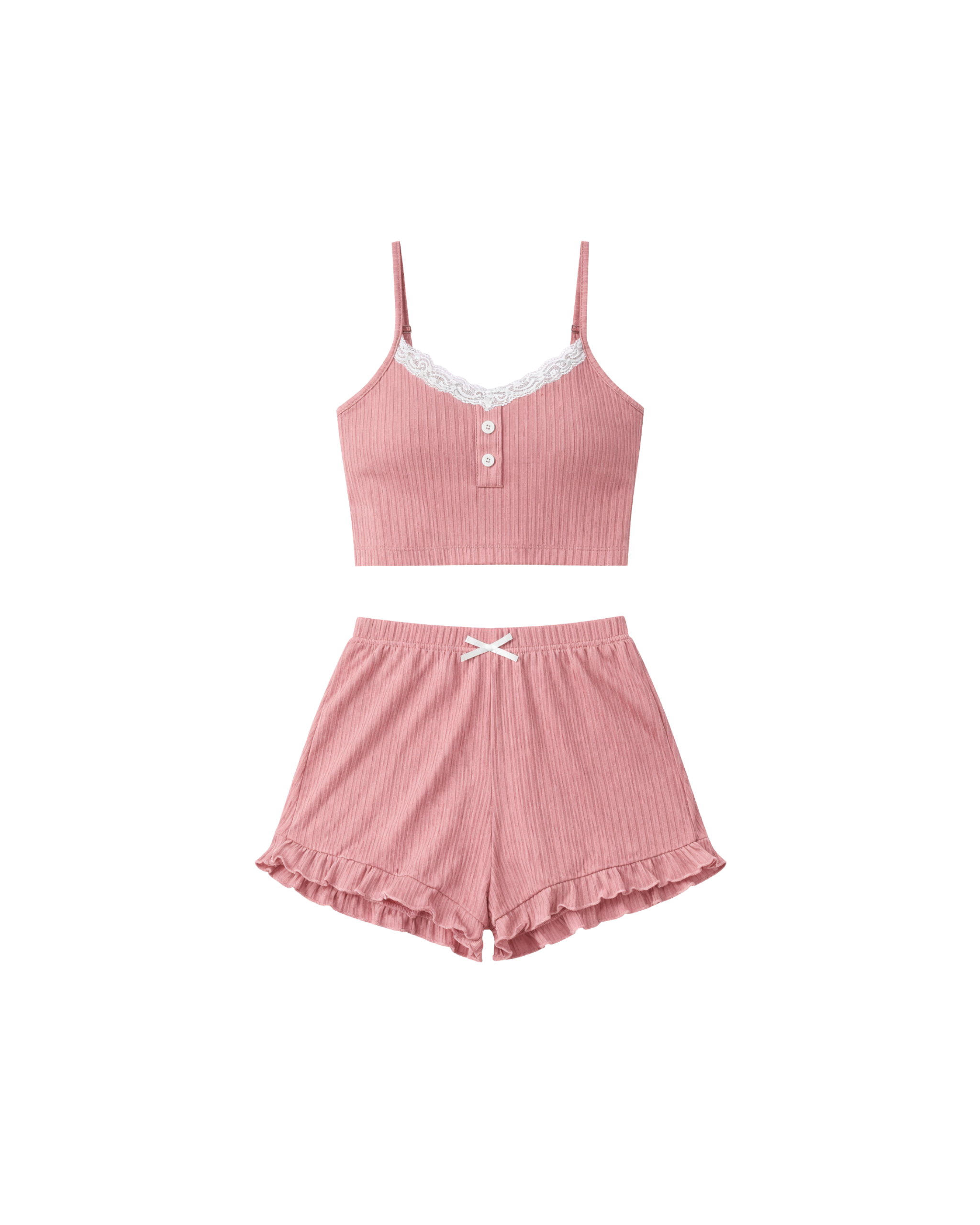 PYJAMA COURT CÔTELÉ ROSE AVEC DENTELLE – ENSEMBLE 2 PIÈCES FEMME