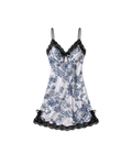 NUISETTE SATIN BLANCHE À IMPRIMÉ FLORAL BLEU ET DENTELLE NOIRE
