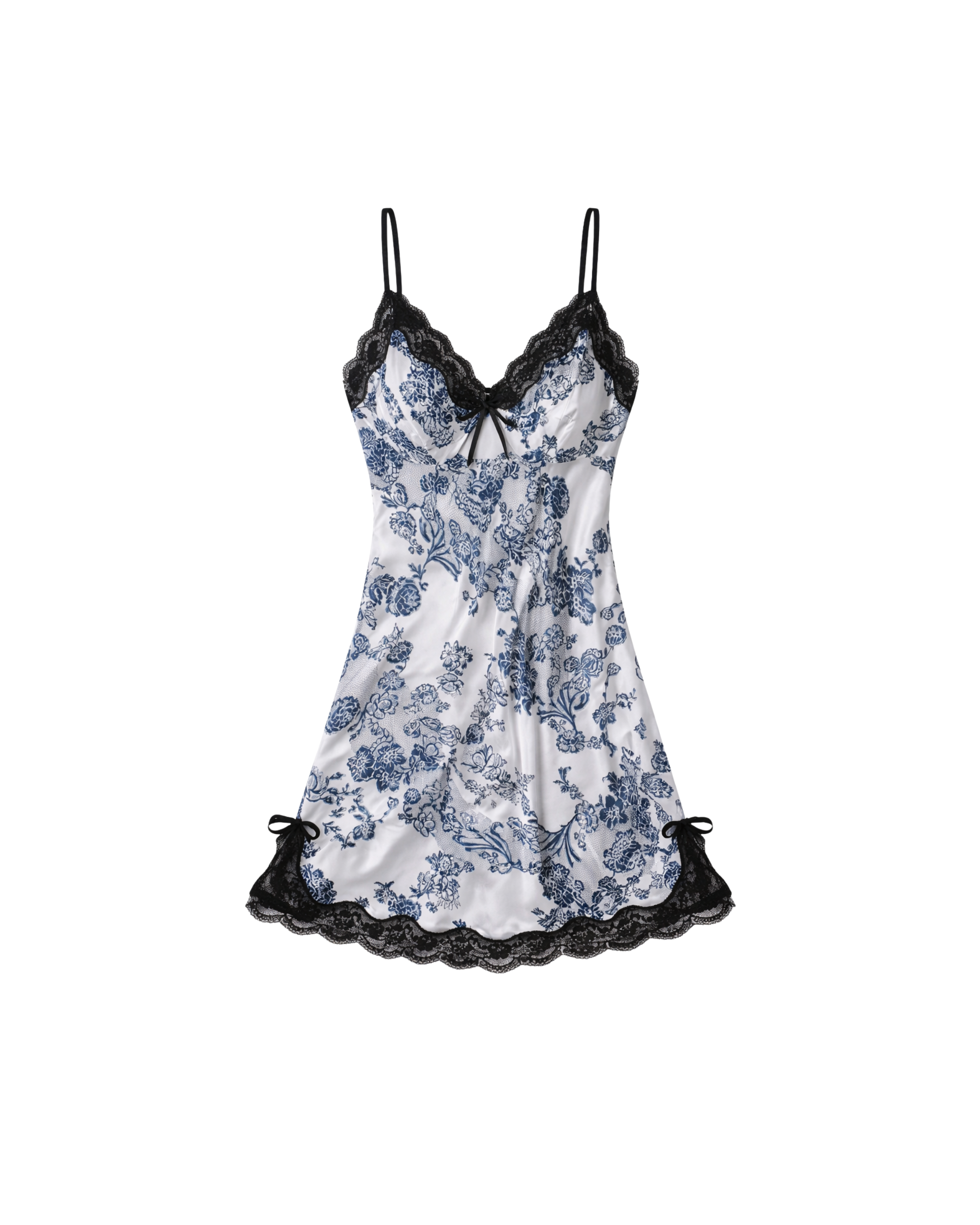 NUISETTE SATIN BLANCHE À IMPRIMÉ FLORAL BLEU ET DENTELLE NOIRE