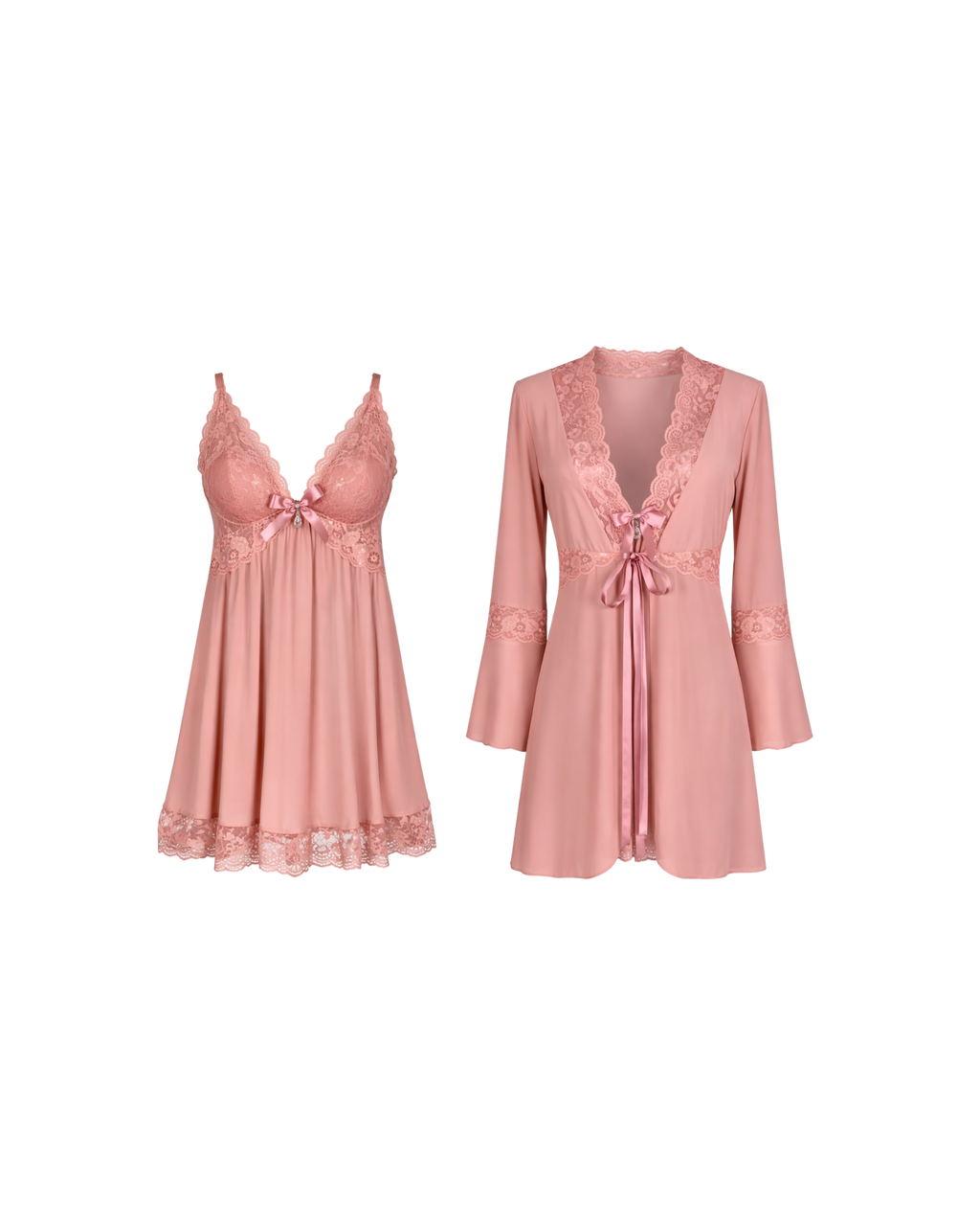 ENSEMBLE NUISETTE SATIN ROSE POUDRÉ AVEC KIMONO & STRING DENTELLE