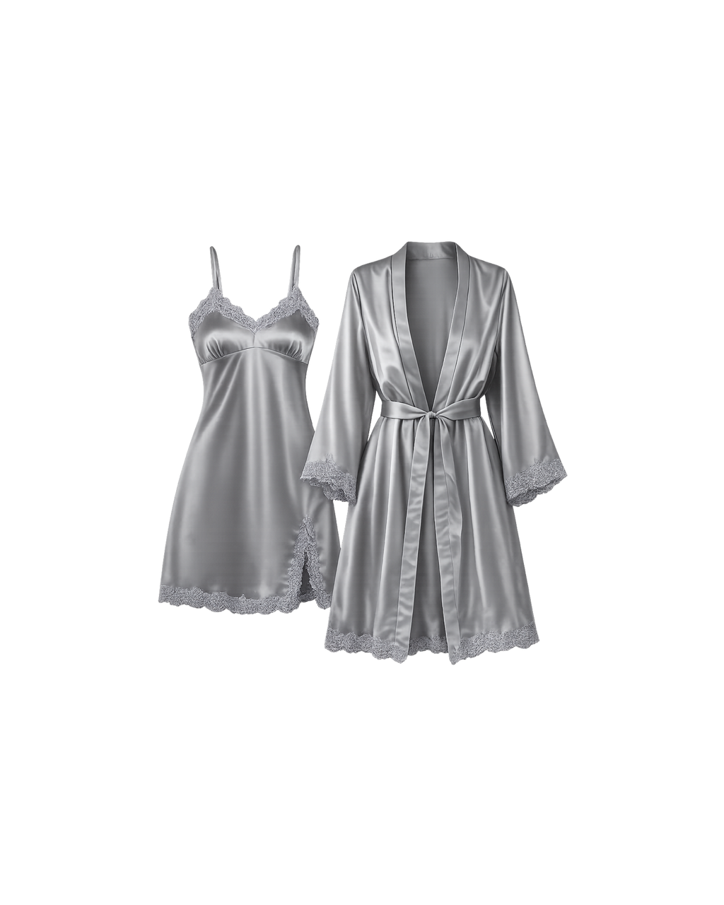 ENSEMBLE SATIN GRIS ARGENTÉ 2 PIÈCES – KIMONO & NUISETTE DENTELLE