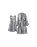 ENSEMBLE SATIN GRIS ARGENTÉ 2 PIÈCES – KIMONO & NUISETTE DENTELLE