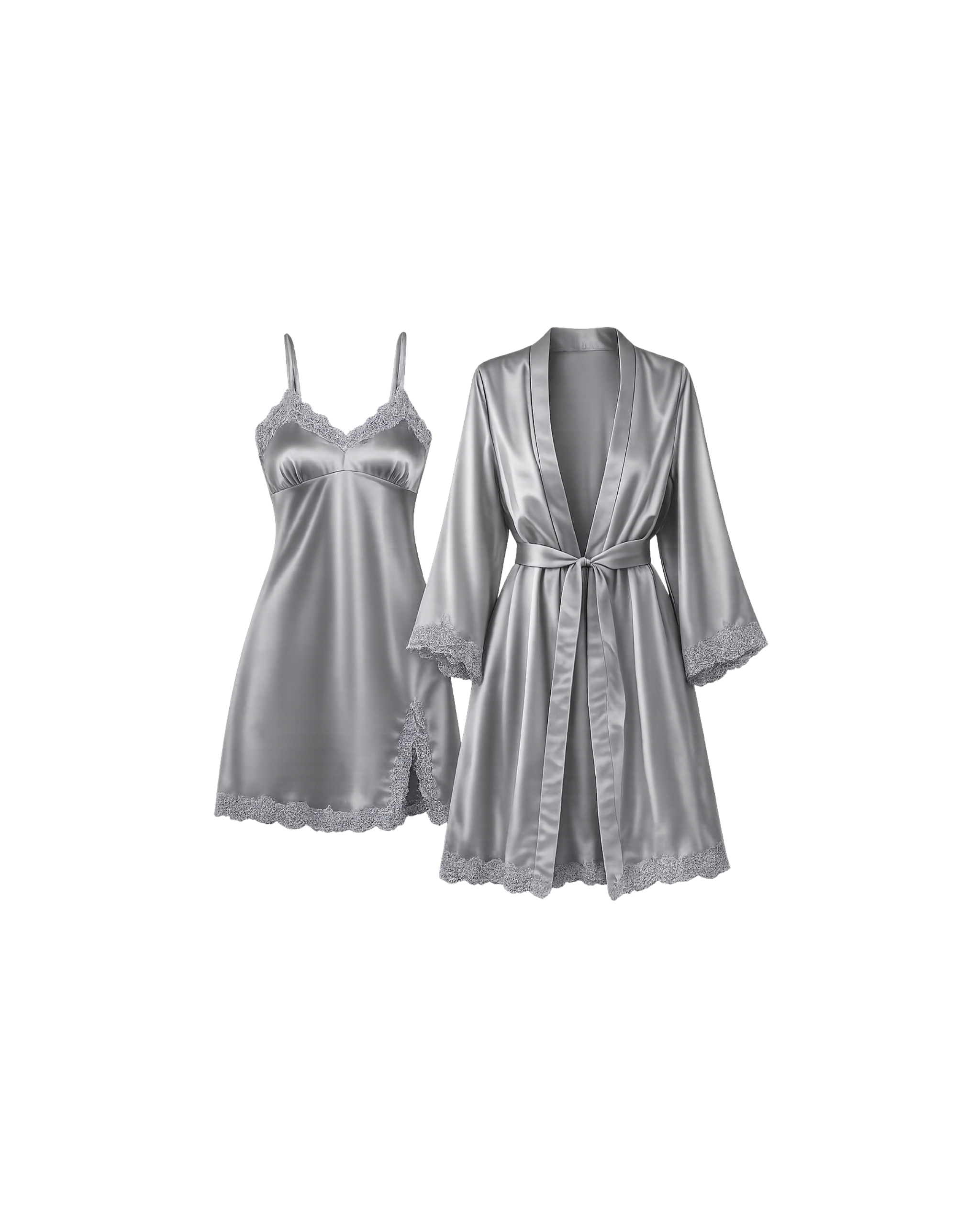 ENSEMBLE SATIN GRIS ARGENTÉ 2 PIÈCES – KIMONO & NUISETTE DENTELLE
