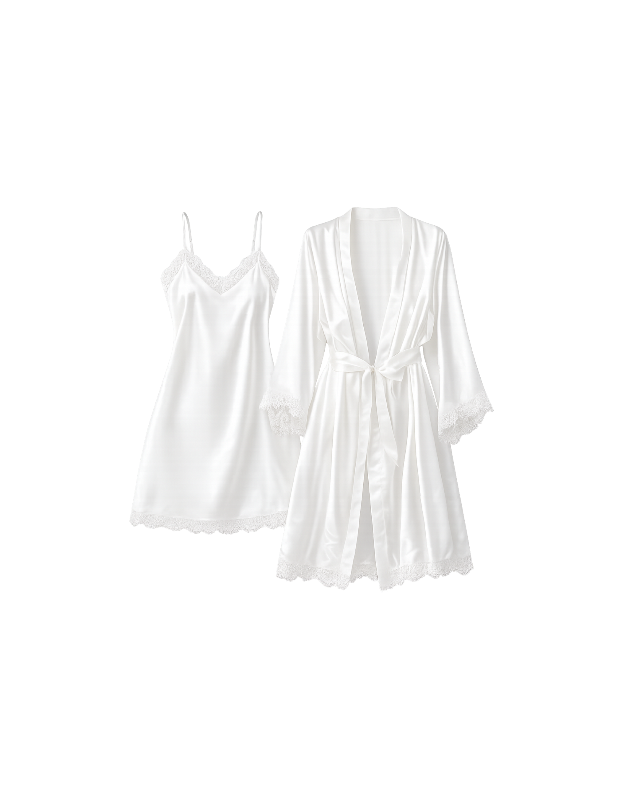 ENSEMBLE NUISETTE SATIN BLANCHE AVEC PEIGNOIR ET DENTELLE