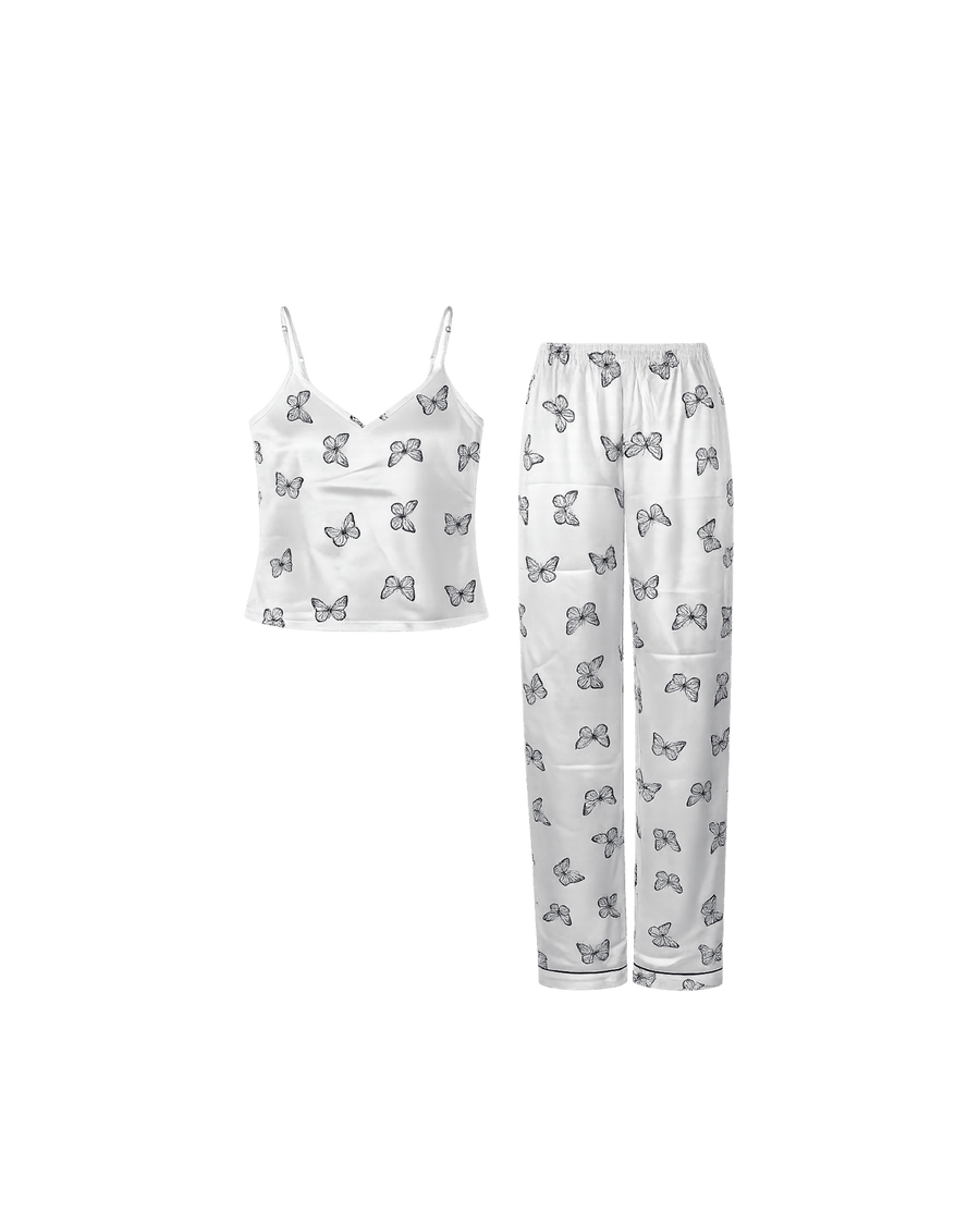 Pyjama Satin Blanc Imprimé Papillons